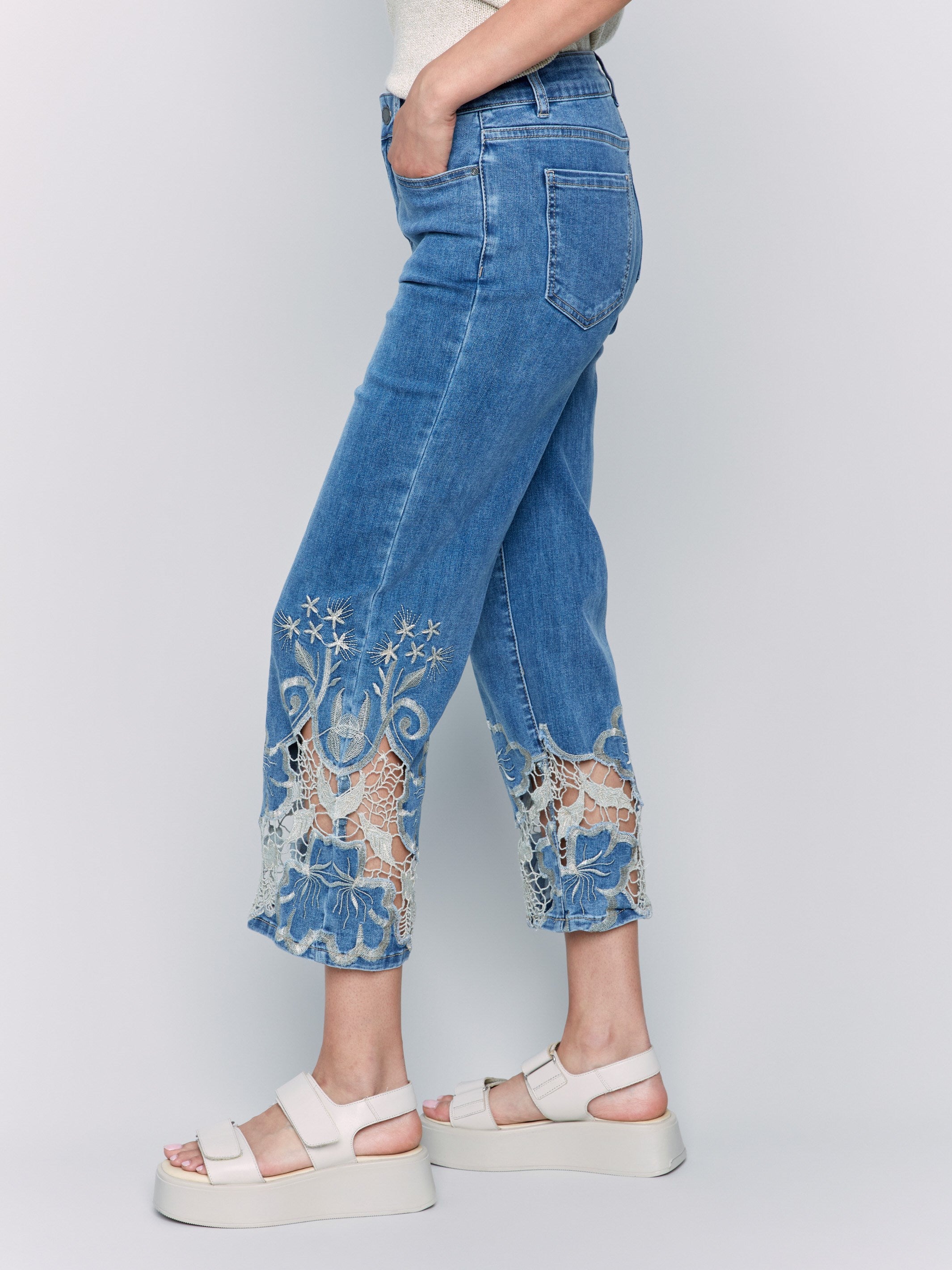 Cropped Flare Leg Jeans with Lace Hem - Medium Blue
