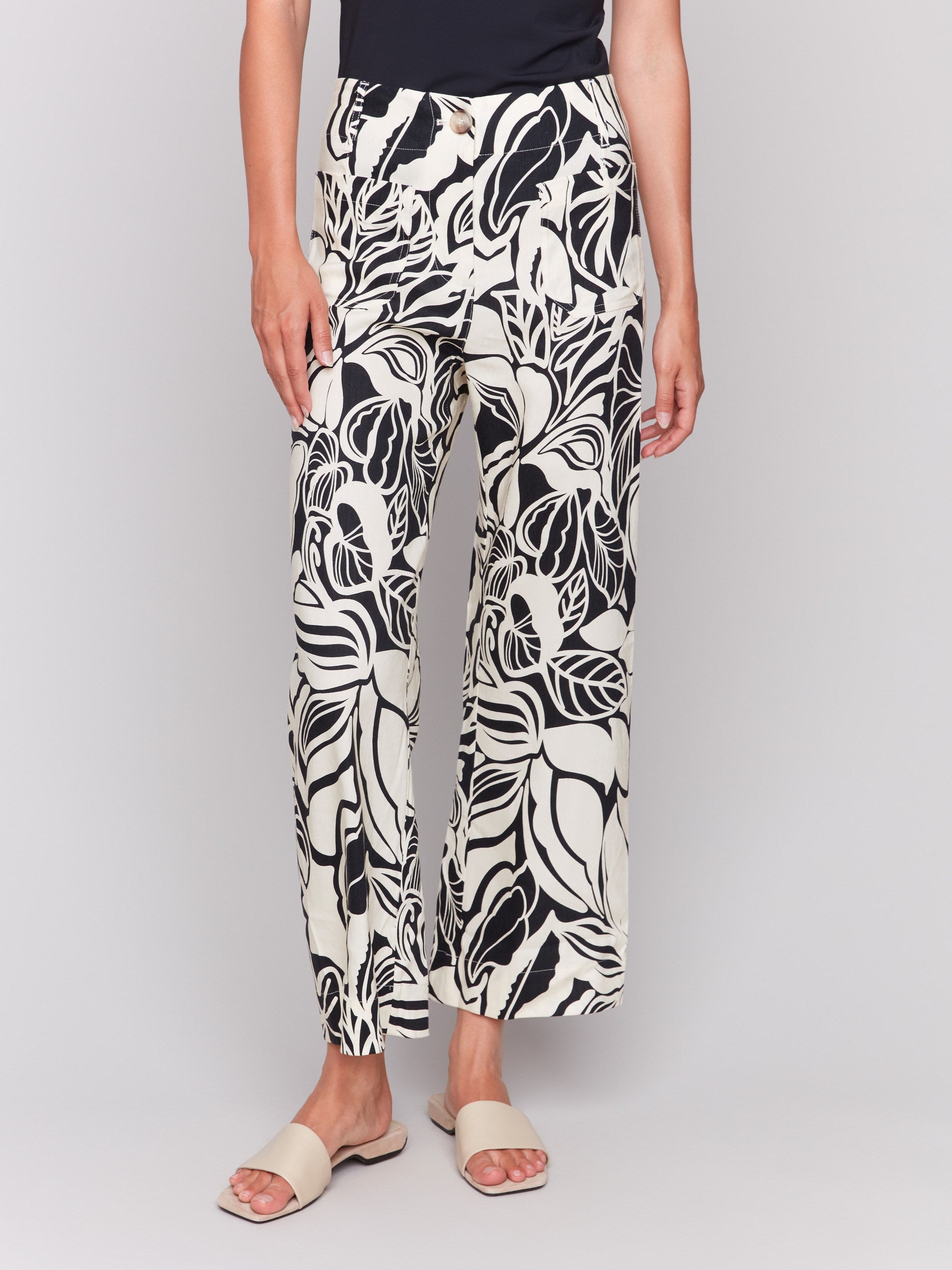 Printed Linen Blend Cropped Pants - Botanical