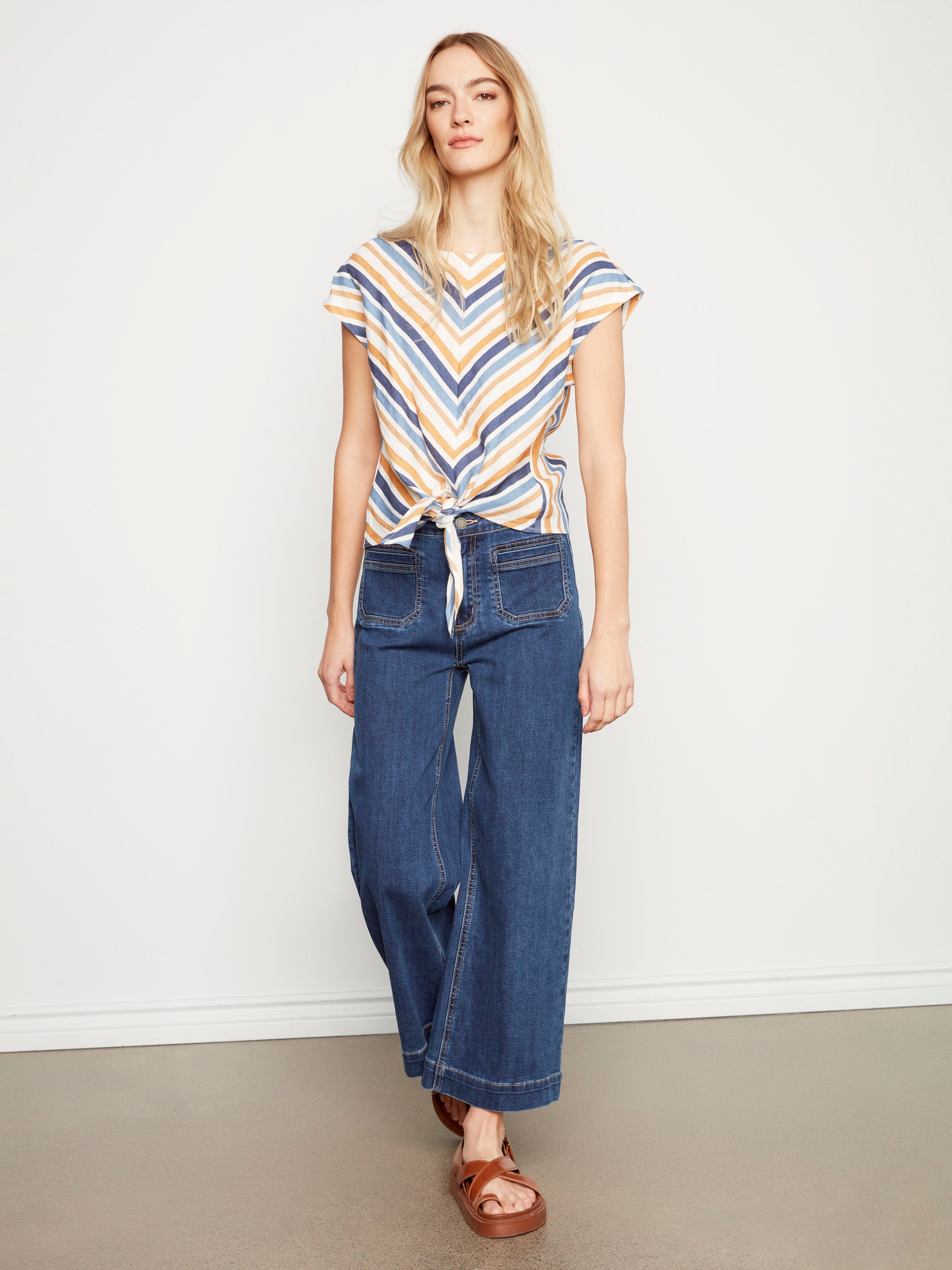 Striped Linen Blend Tie-Front Blouse - Denim