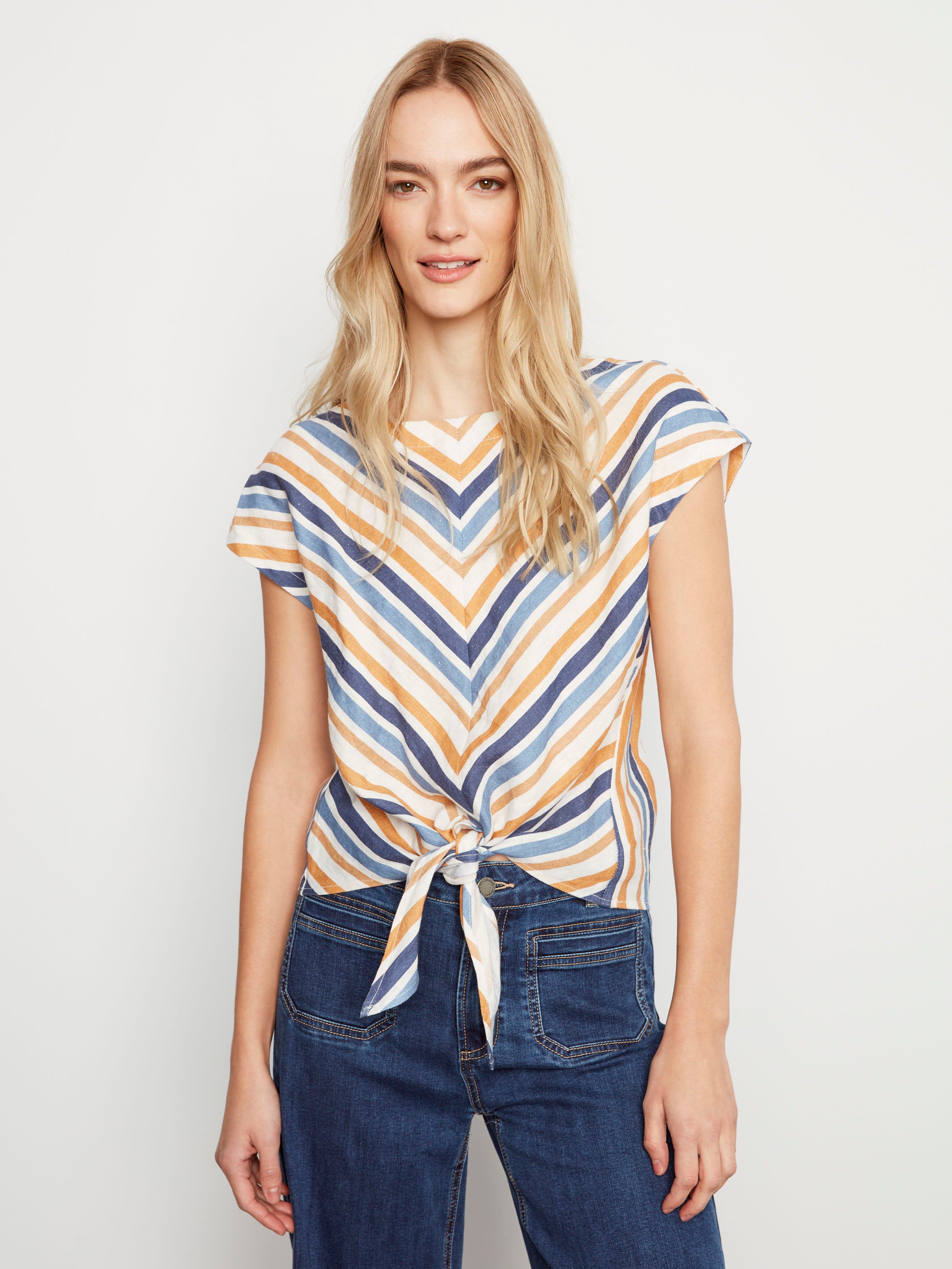Striped Linen Blend Tie-Front Blouse - Denim