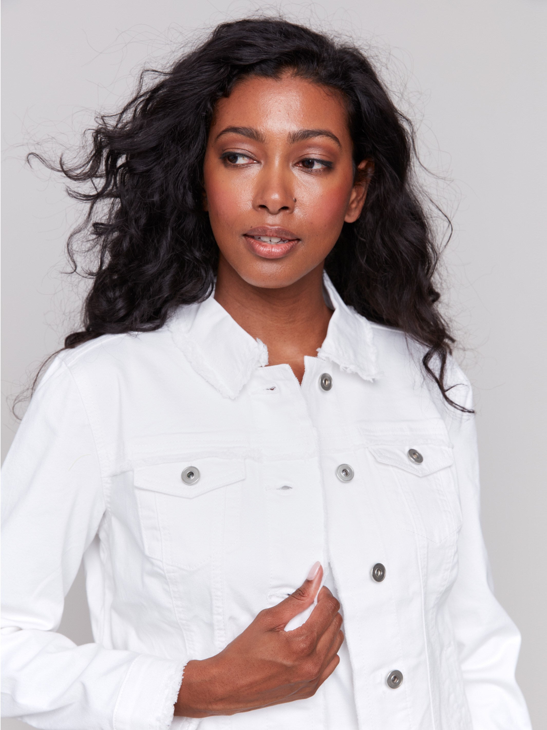 Twill Jean Jacket With Frayed Edges - White