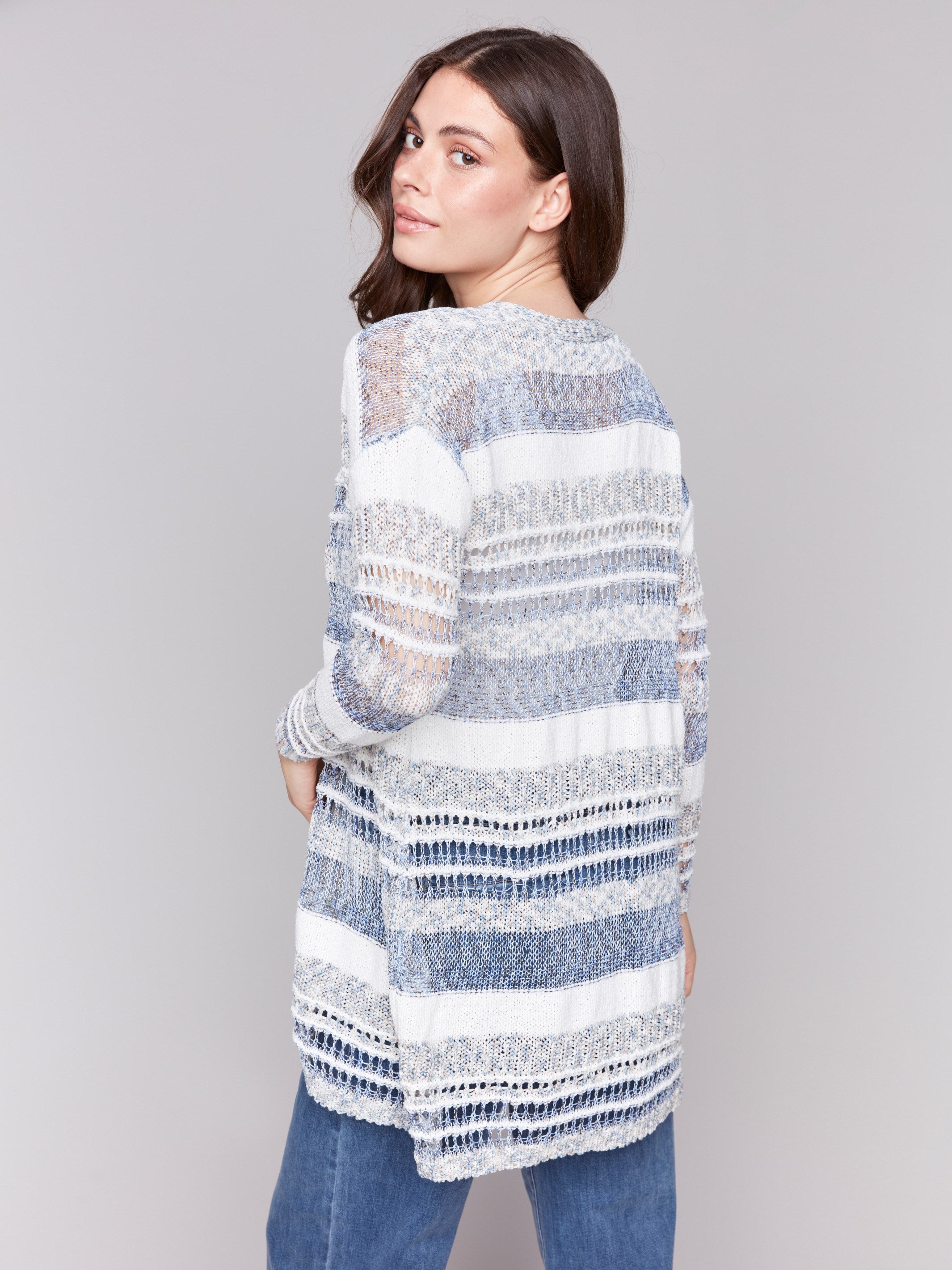 Knee-Length Striped Cardigan - Denim