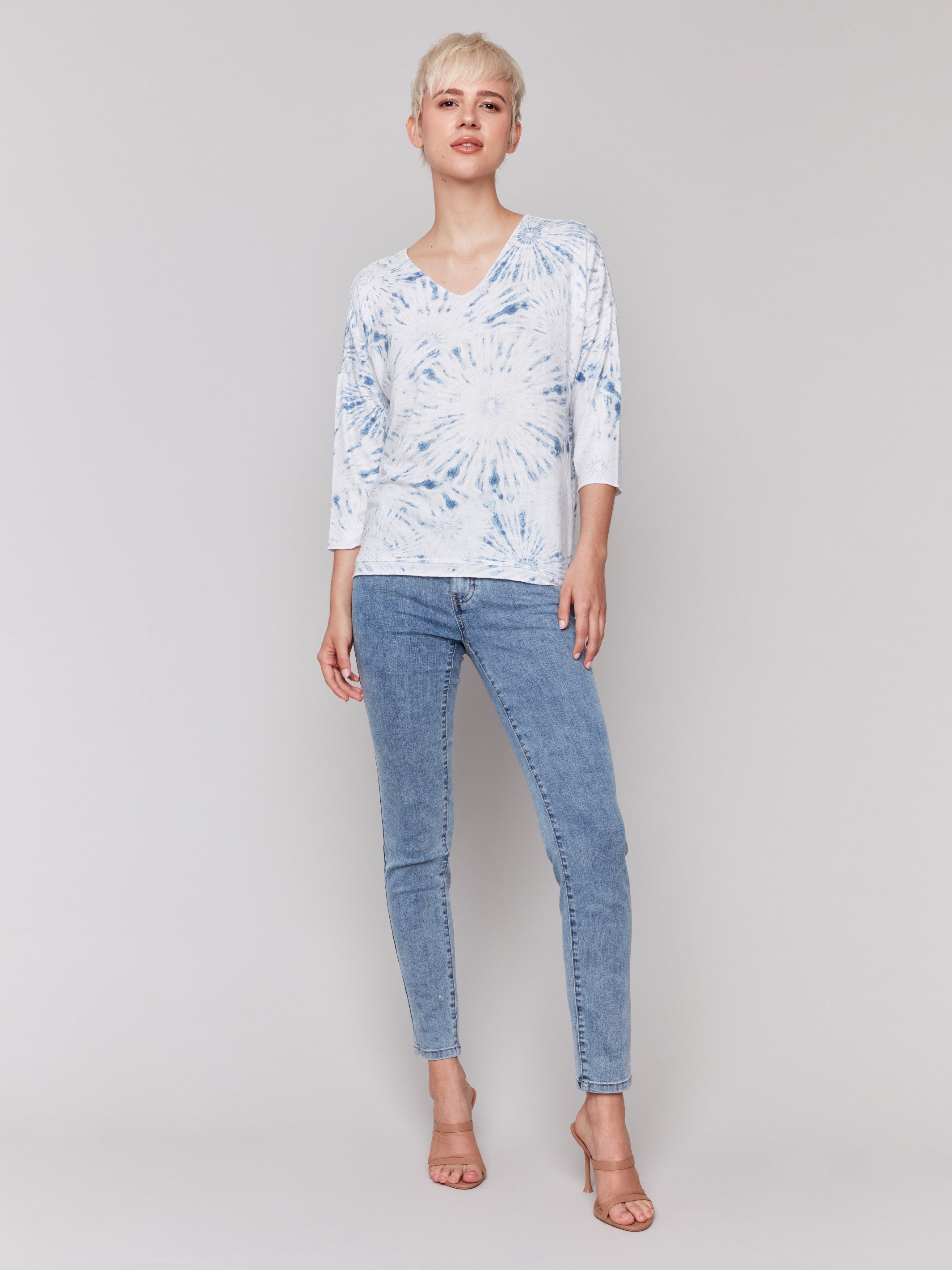 Printed V-Neck Knit Top - Denim
