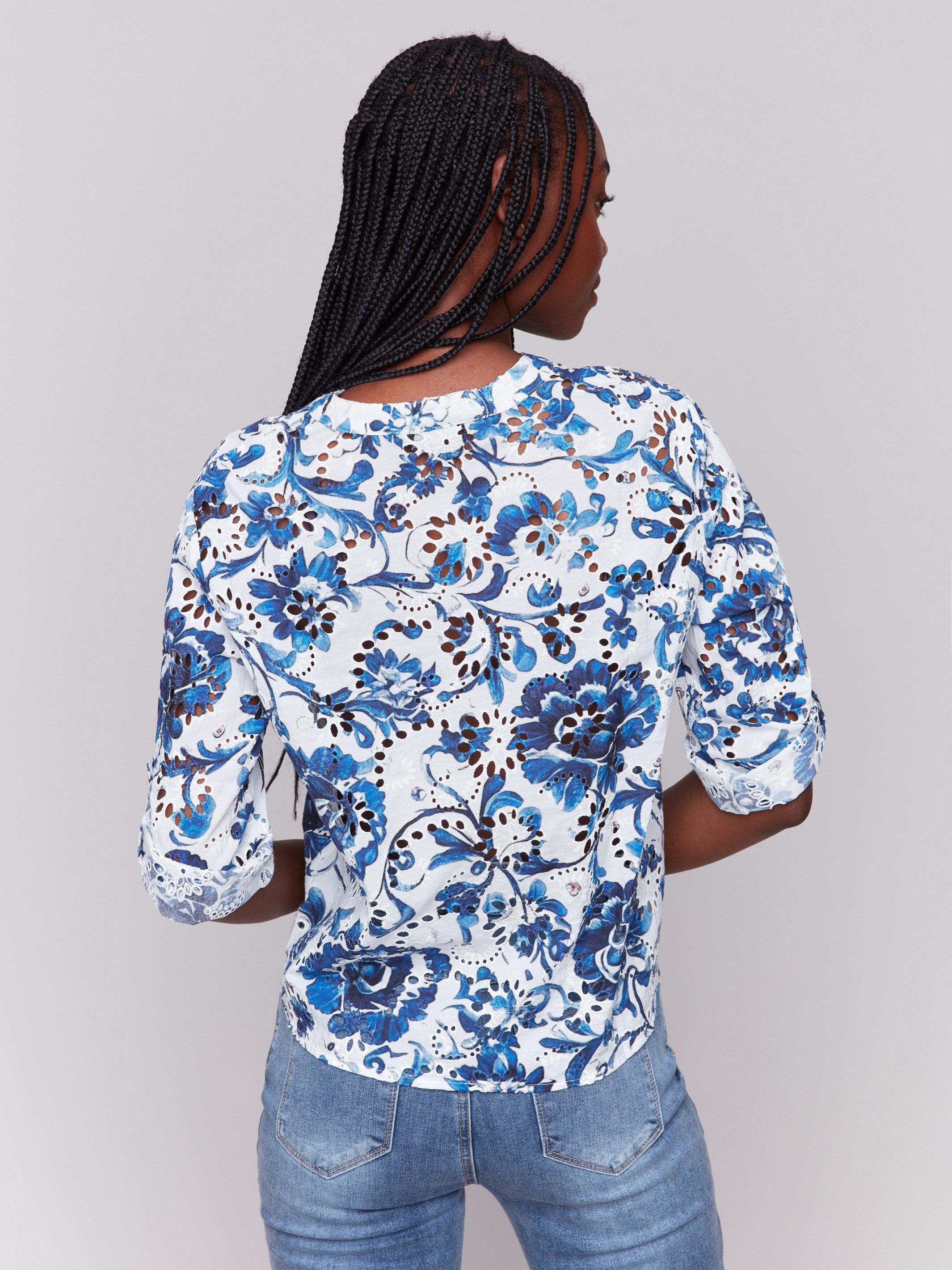 Printed Eyelet Cotton Blouse with Front Tie - Delphinium
