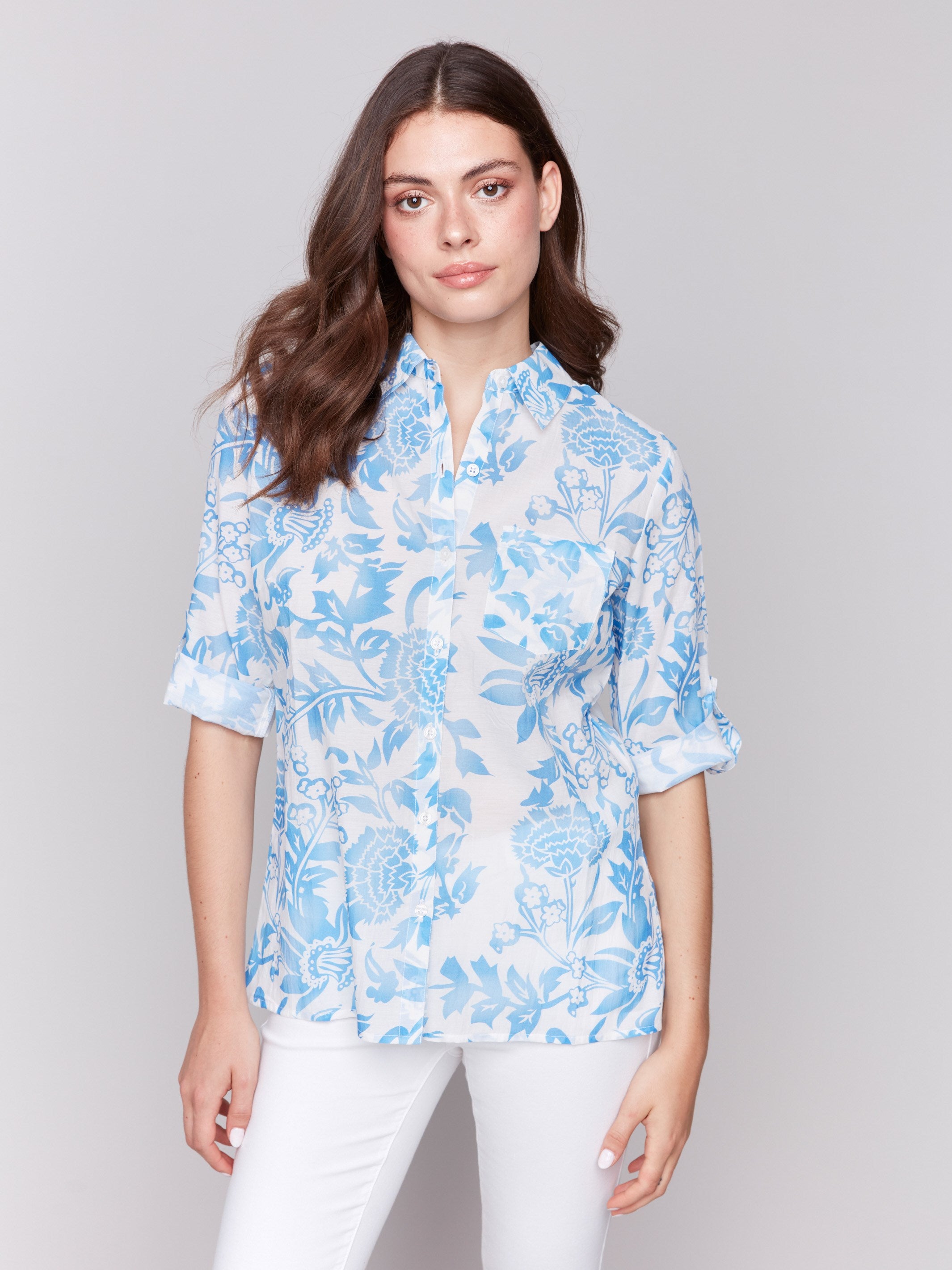 Printed Rayon Long Sleeve Shirt - Denim