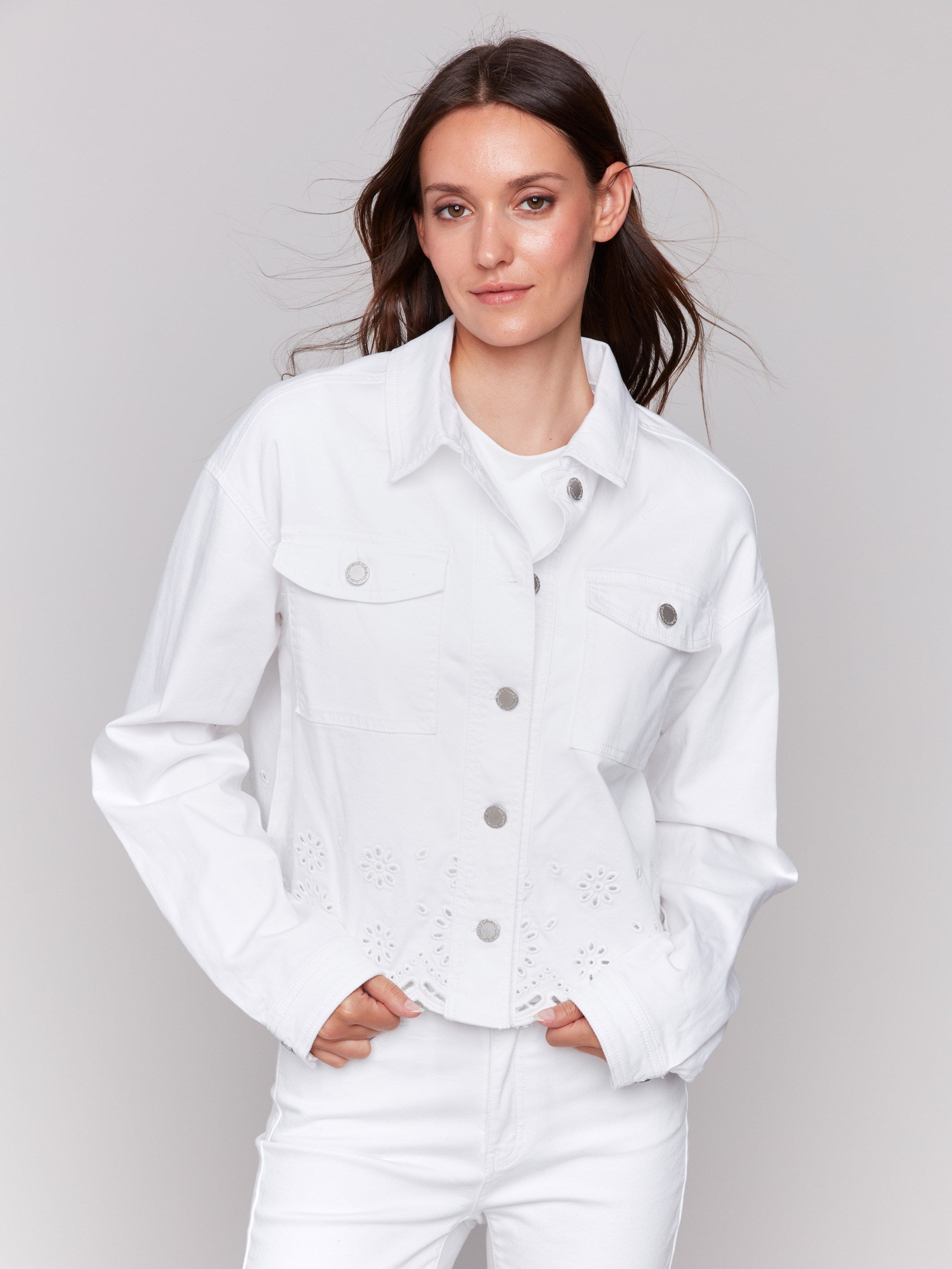 Twill Scalloped Eyelet Jacket - White