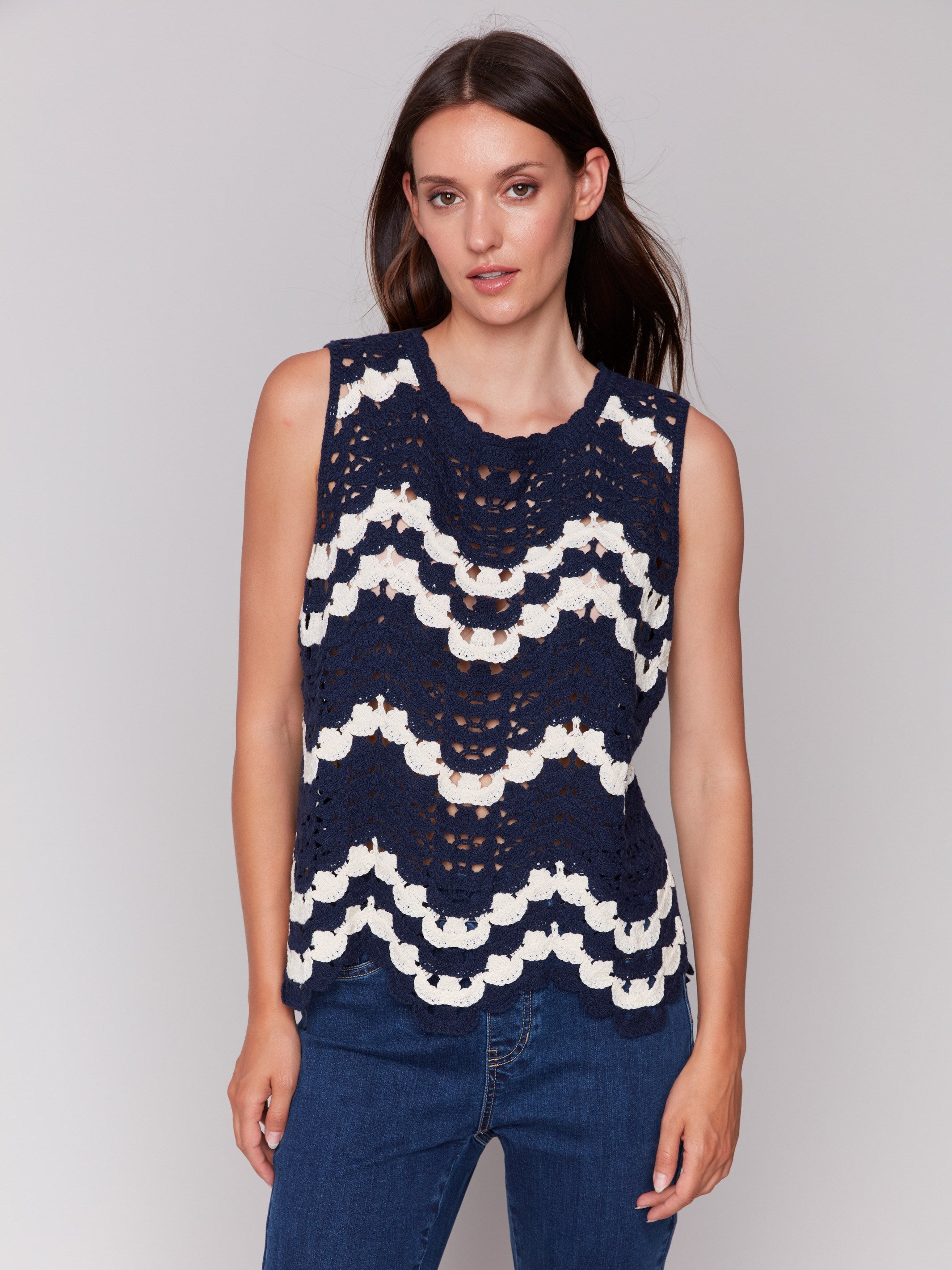 Sleeveless Crochet Crew Neck Top - Navy
