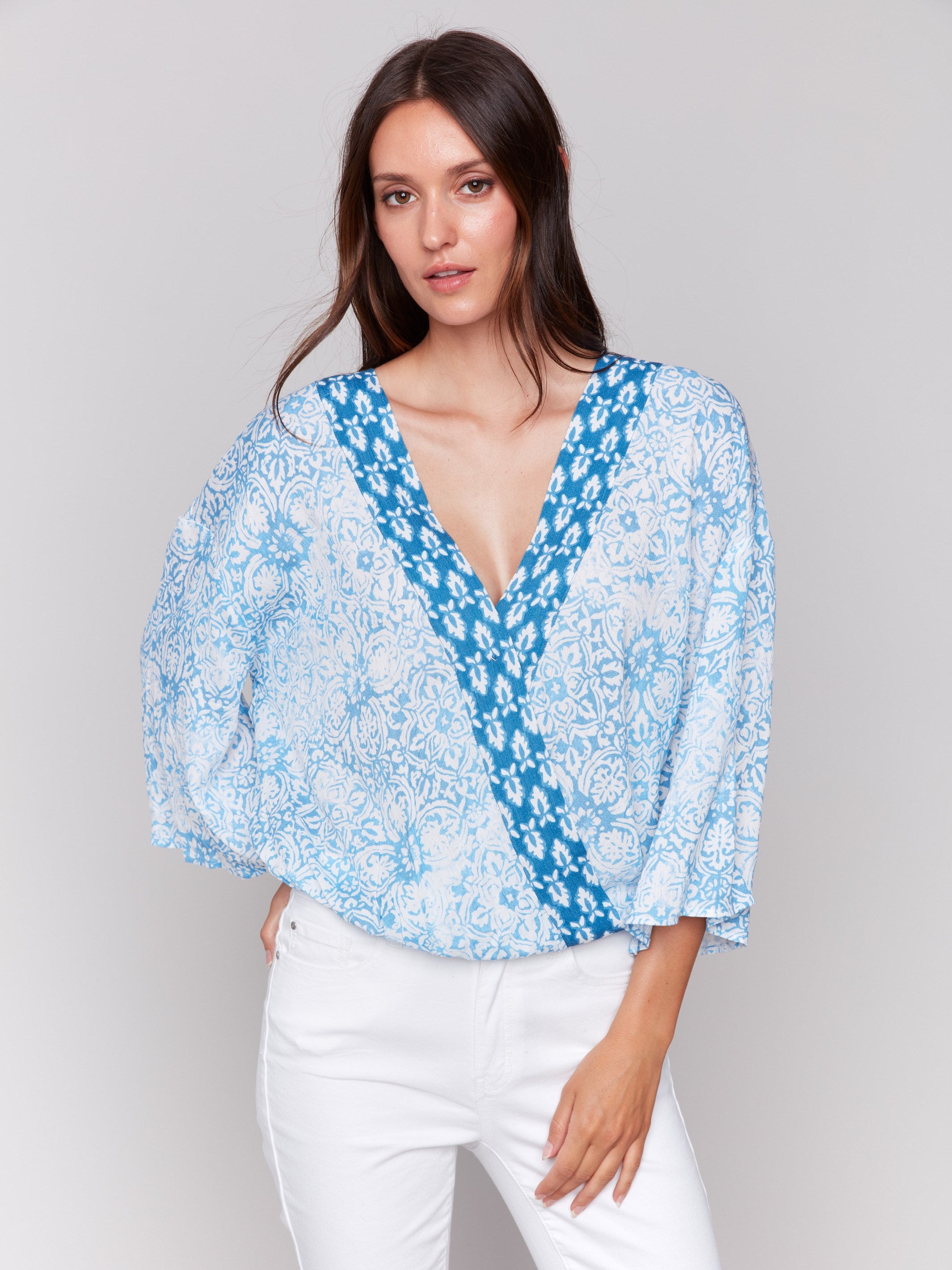 Printed Overlap Blouse - Denim