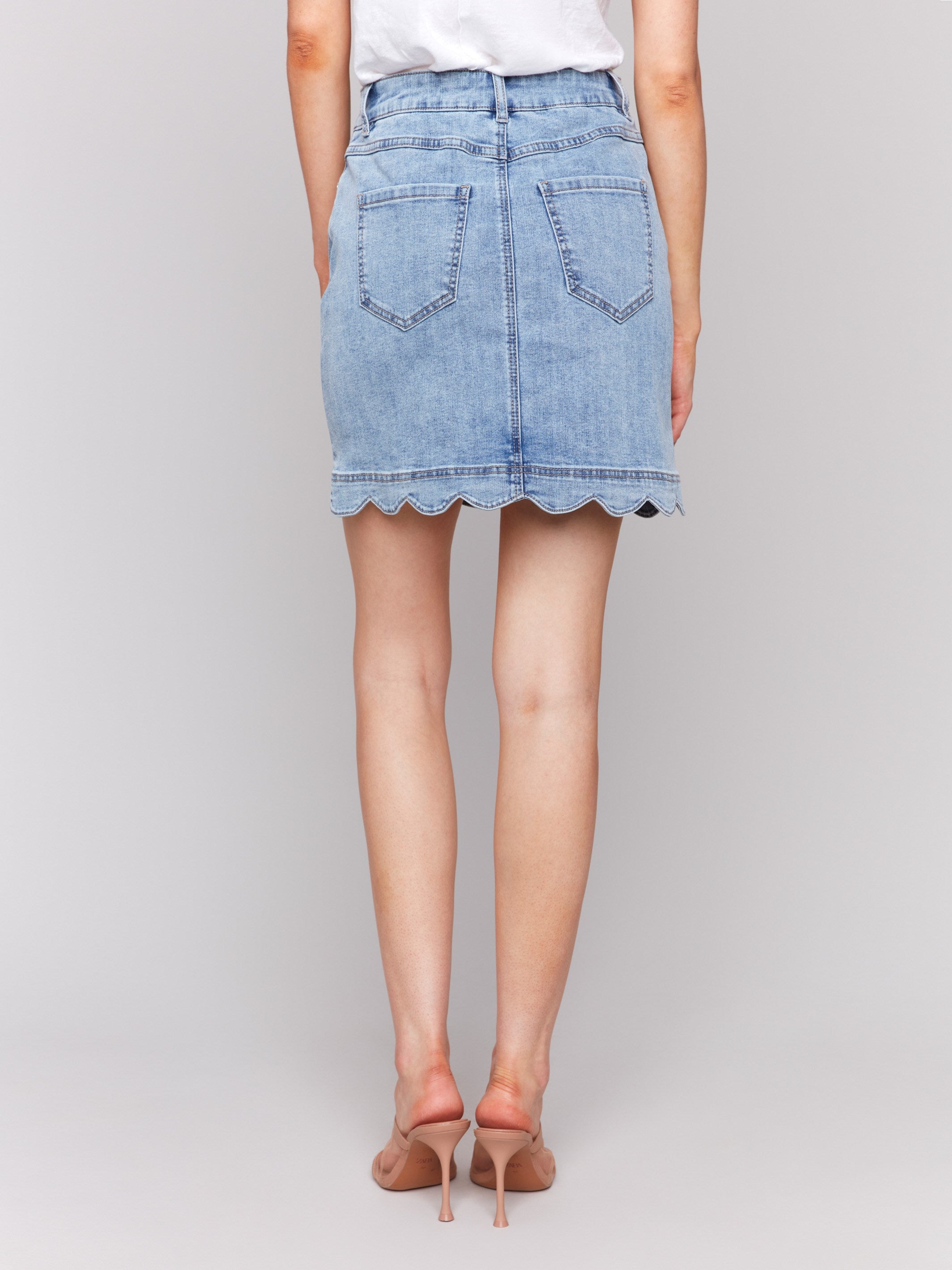 Scalloped Hem Button-Front Denim Skort - Light Blue