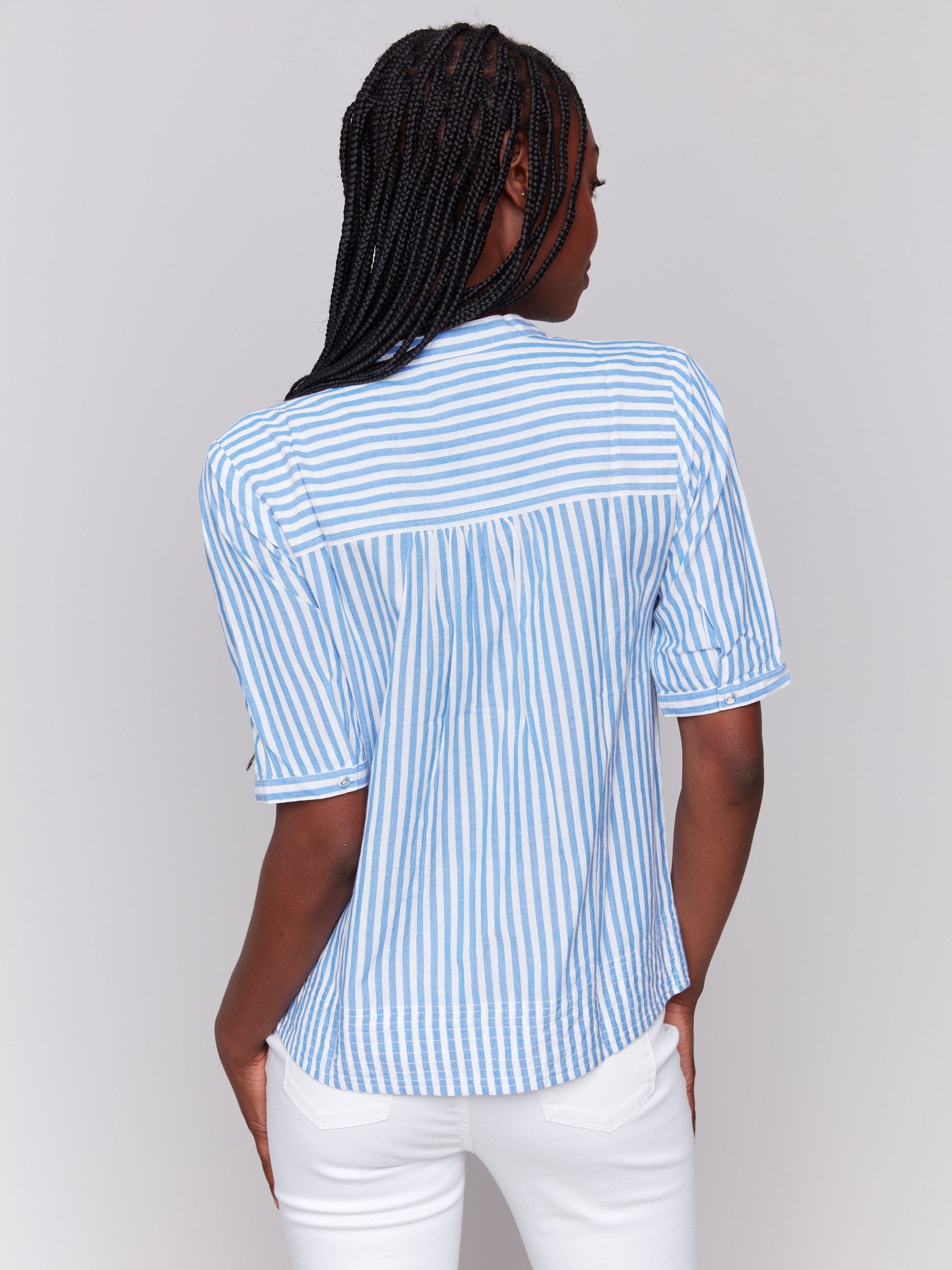 Striped Short Sleeve Popover Blouse - Denim