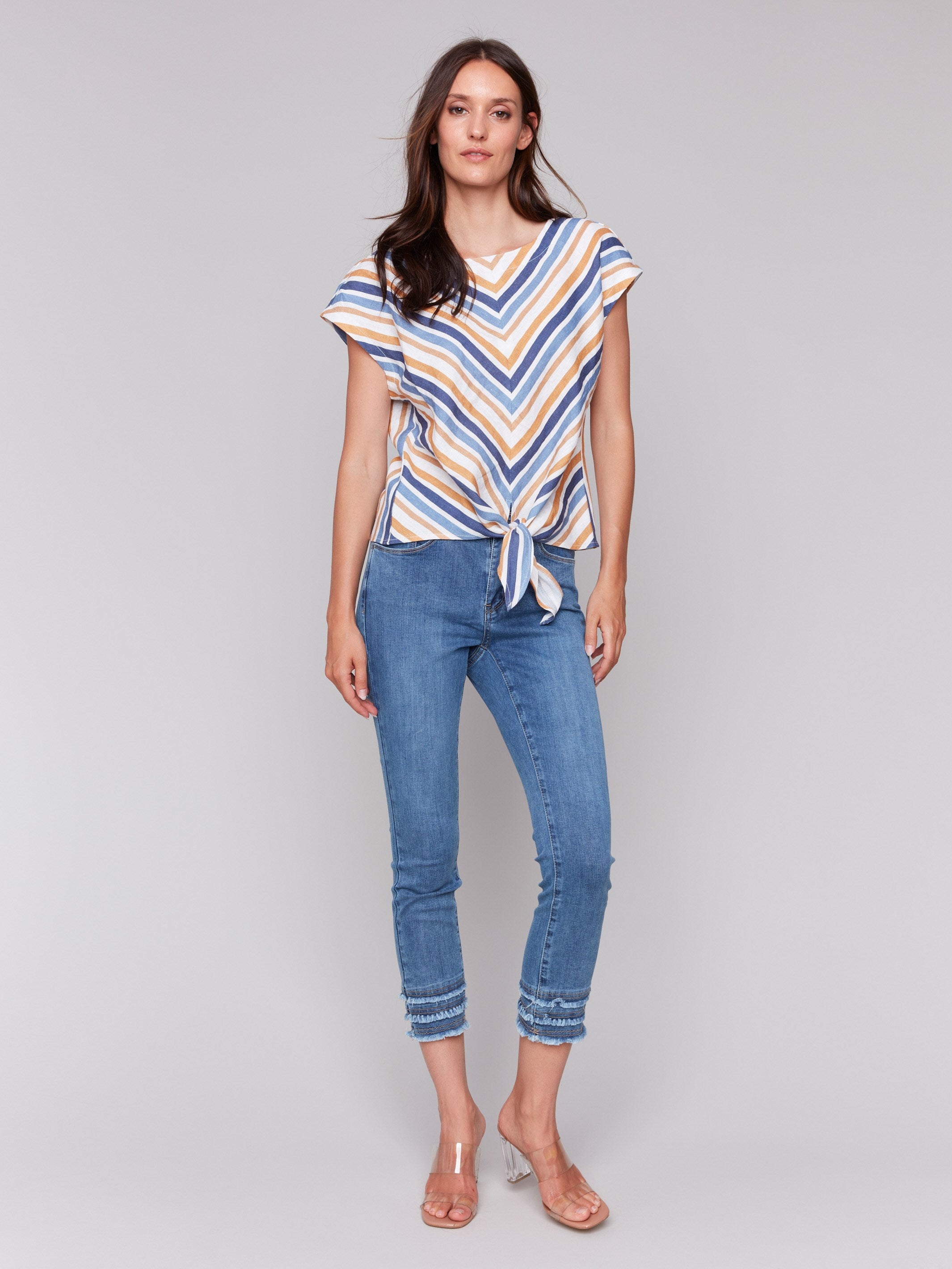 Striped Linen Blend Tie-Front Blouse - Denim