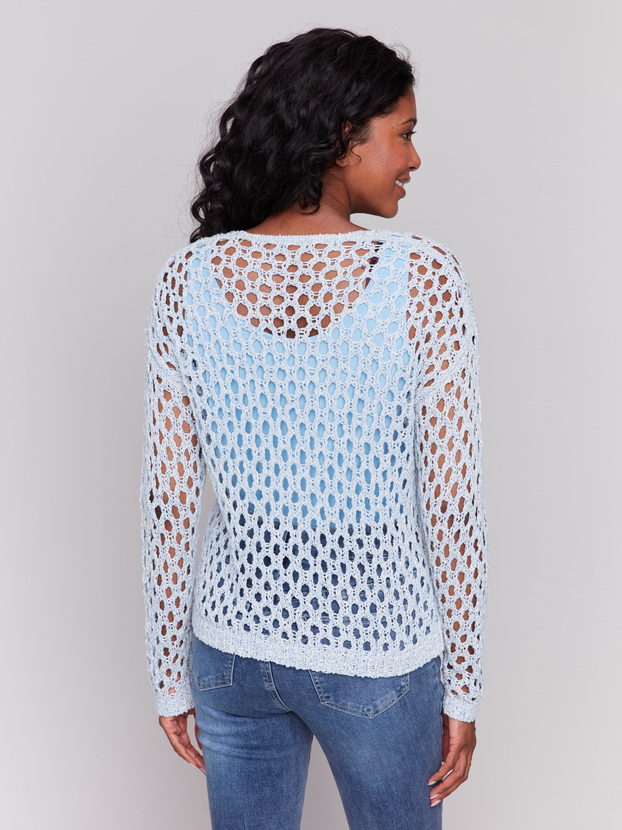 Braided Fishnet V-Neck Sweater - Denim