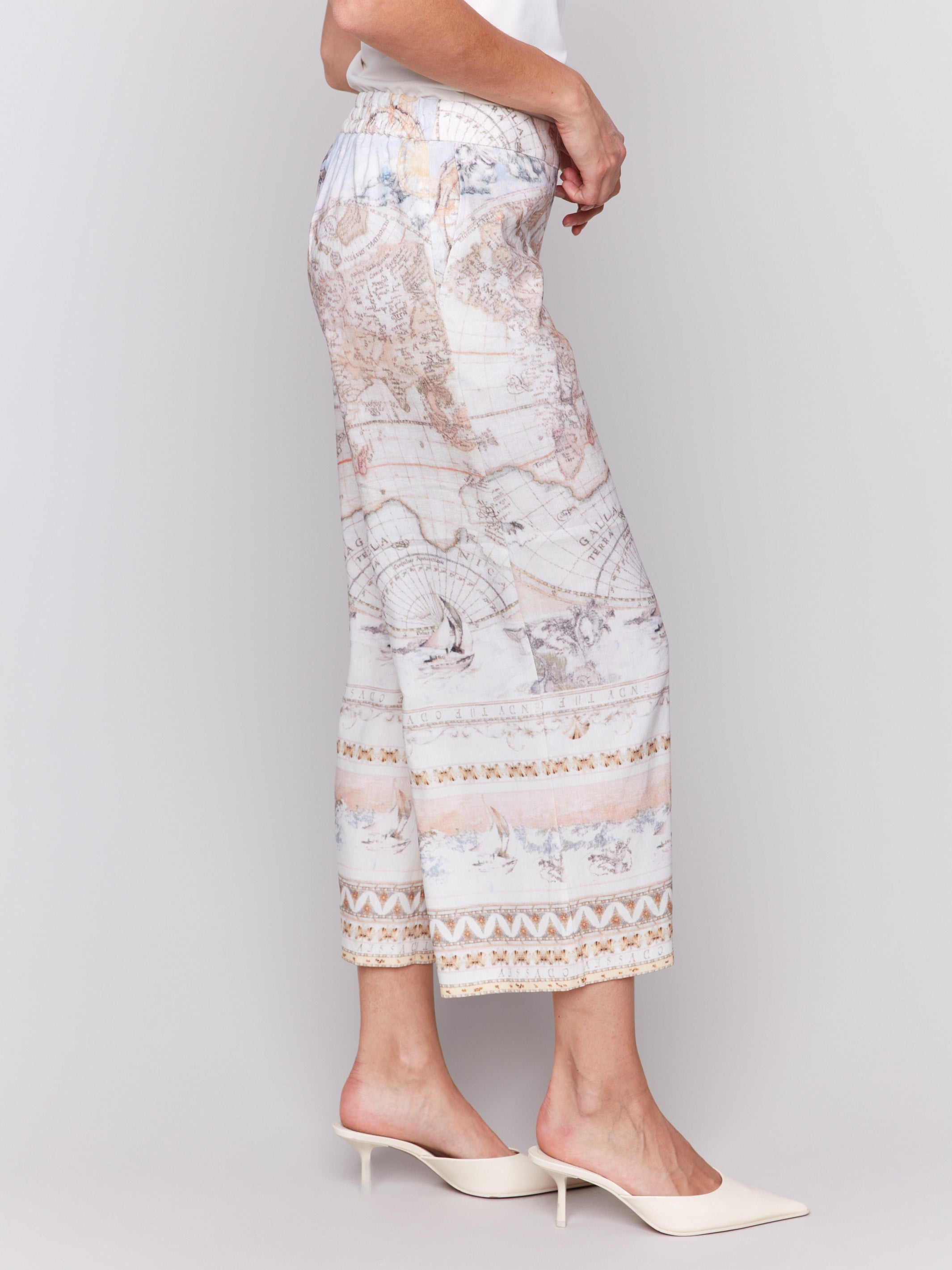 Printed Linen Blend Cropped Pull-On Pants - Atlas