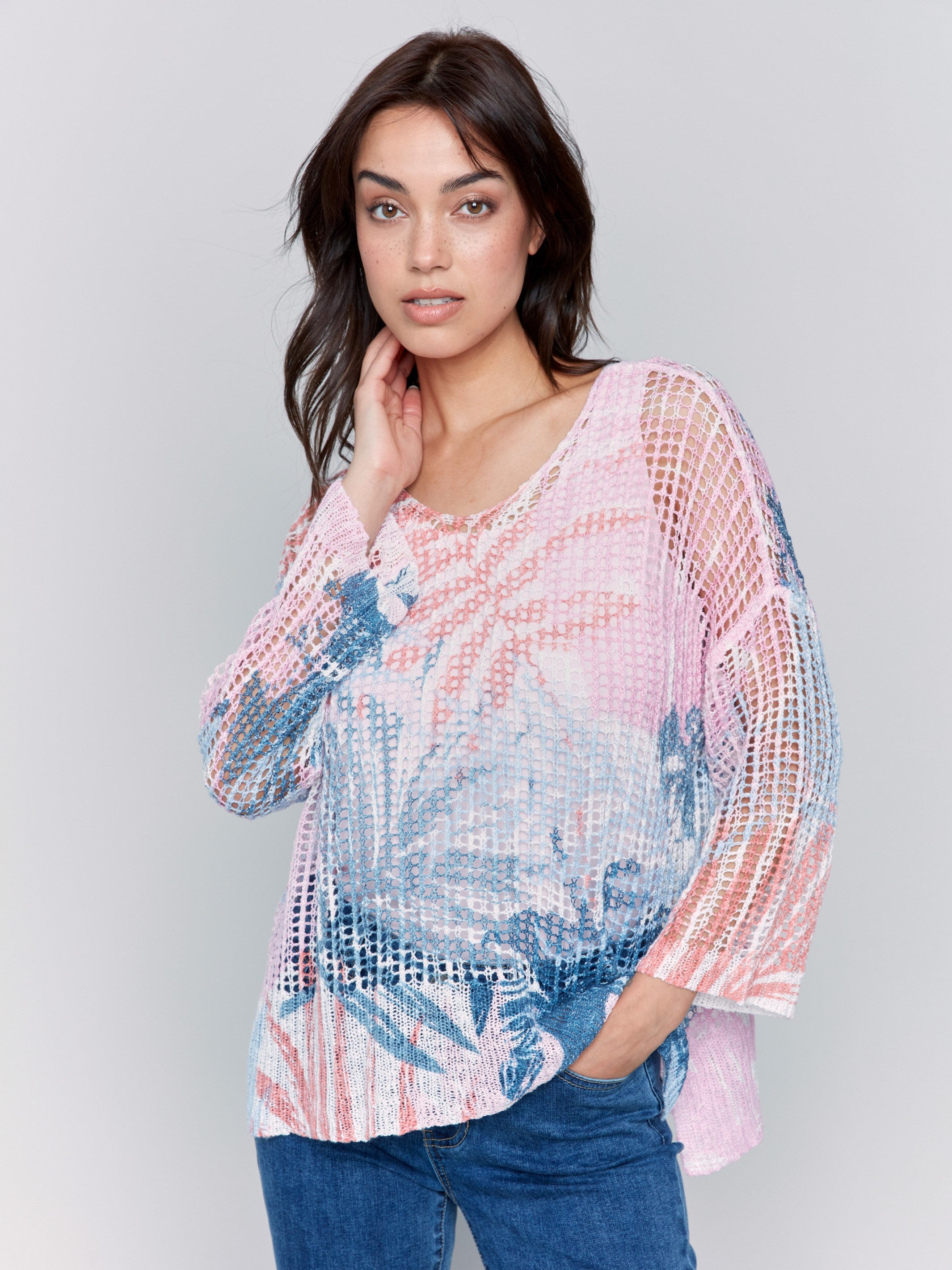 Printed Fishnet Crochet Sweater - Tropical