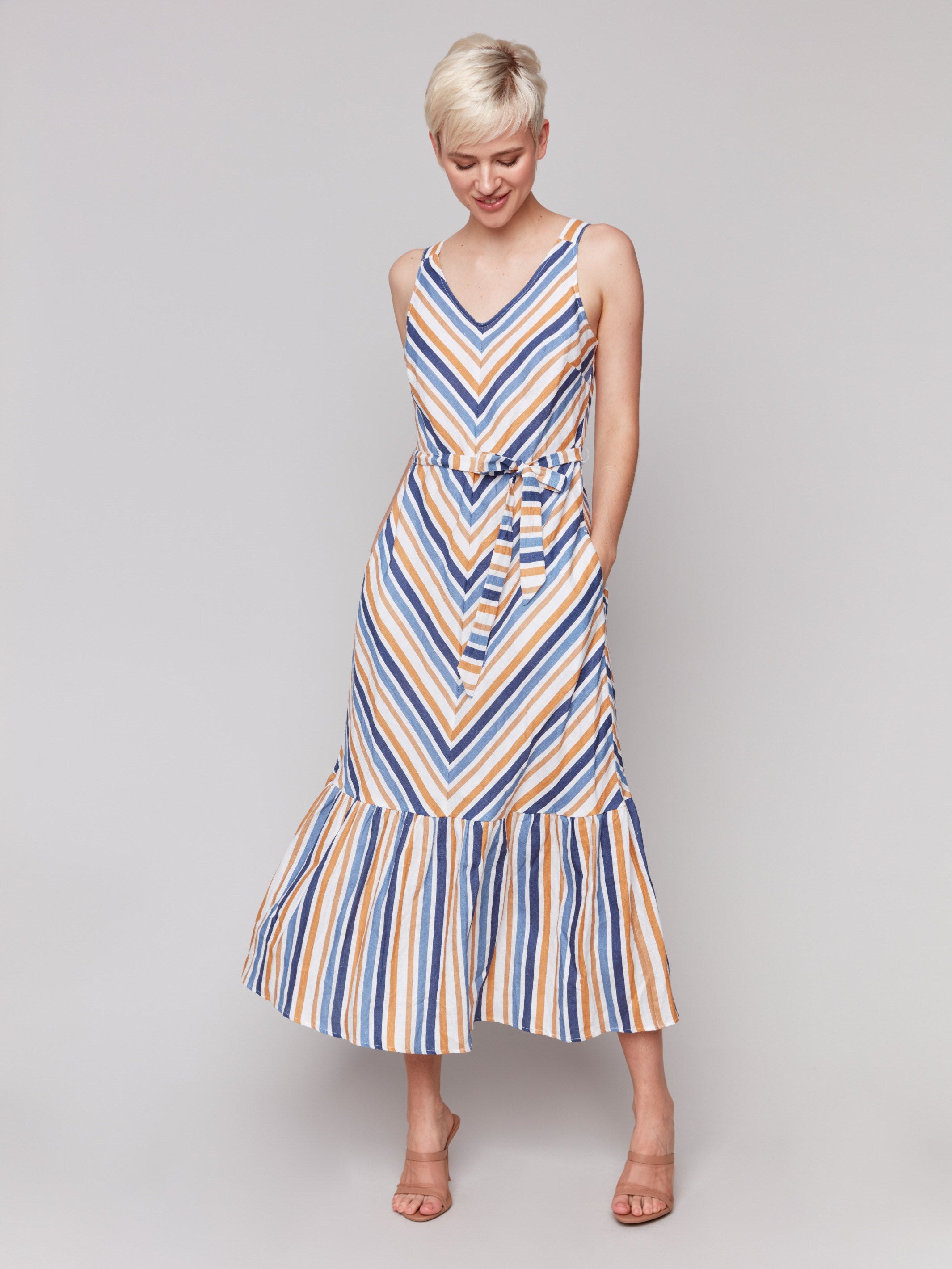 Striped Linen Blend Maxi Dress with Sash - Denim