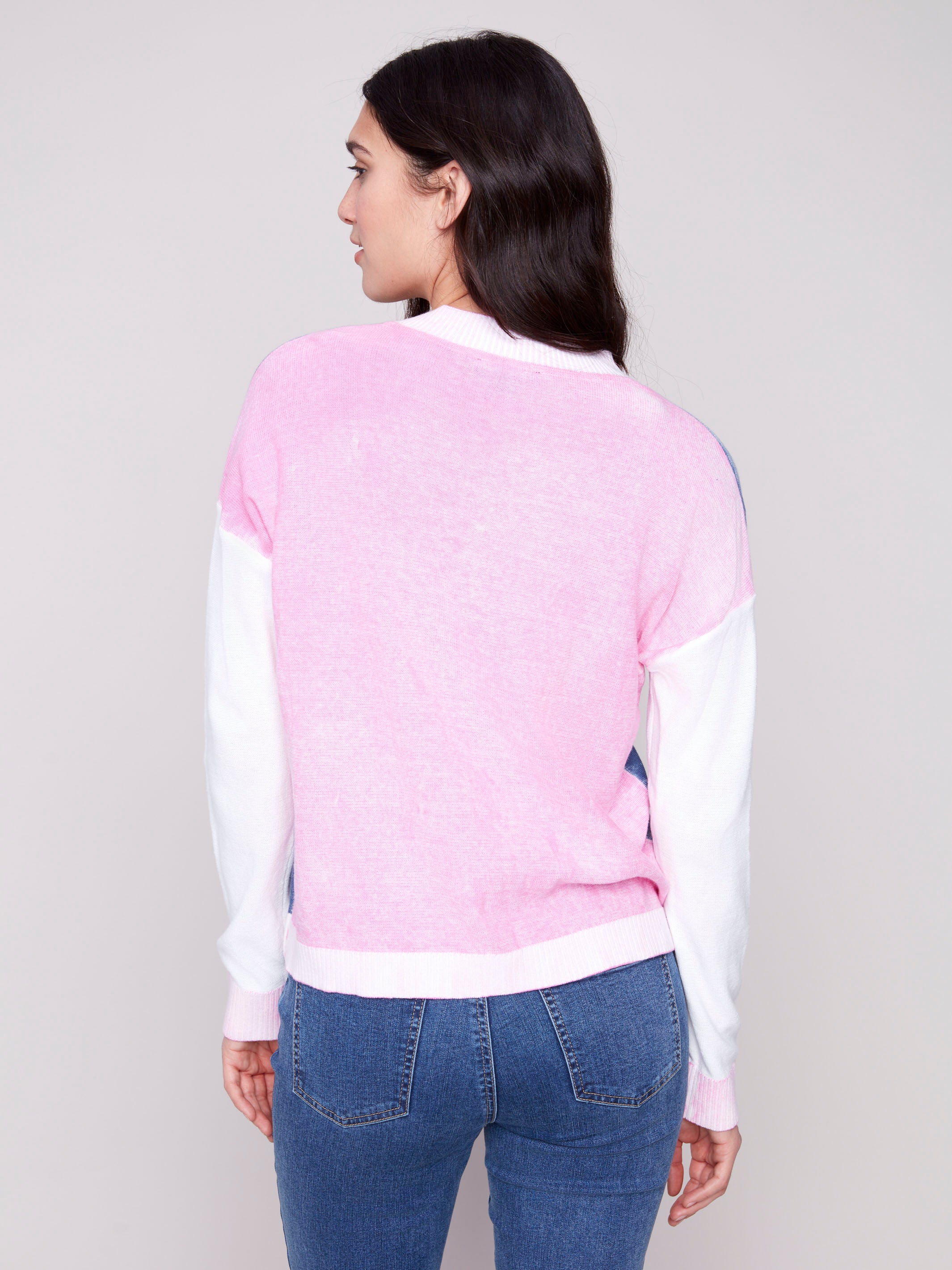 Color Block V-Neck Sweater - Denim