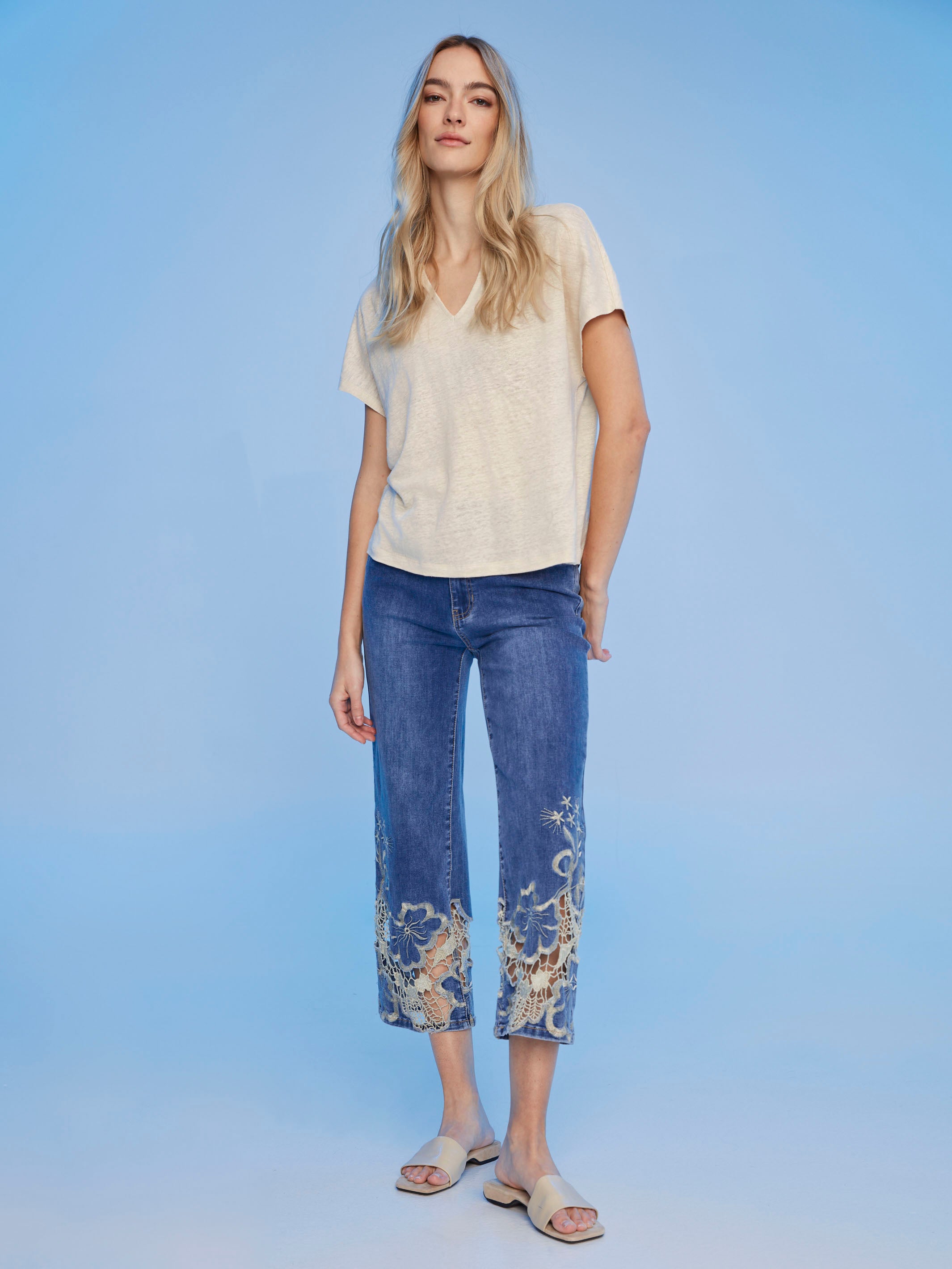 Cropped Flare Leg Jeans with Lace Hem - Medium Blue