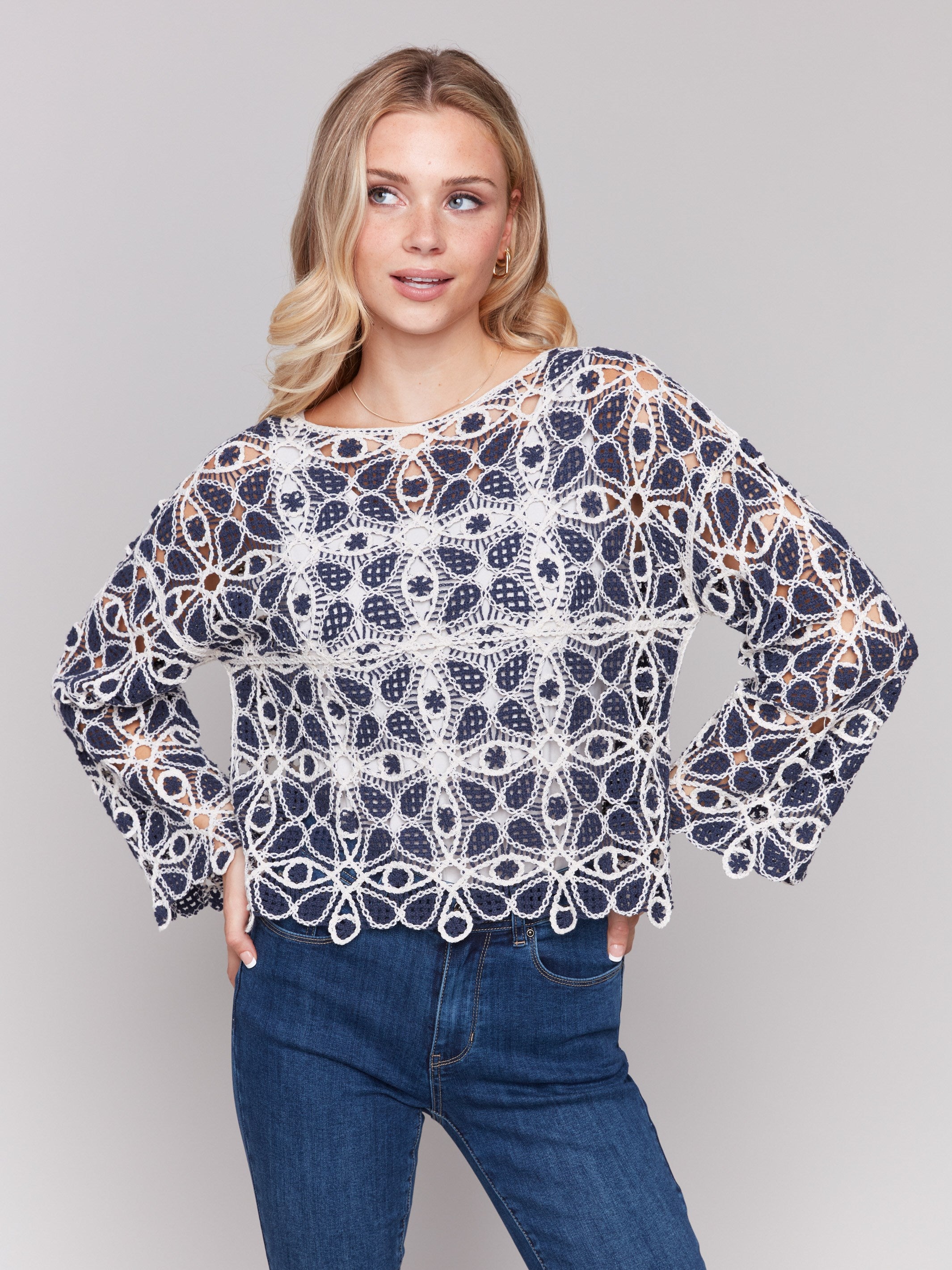 Cotton Blend Crochet Top - Denim