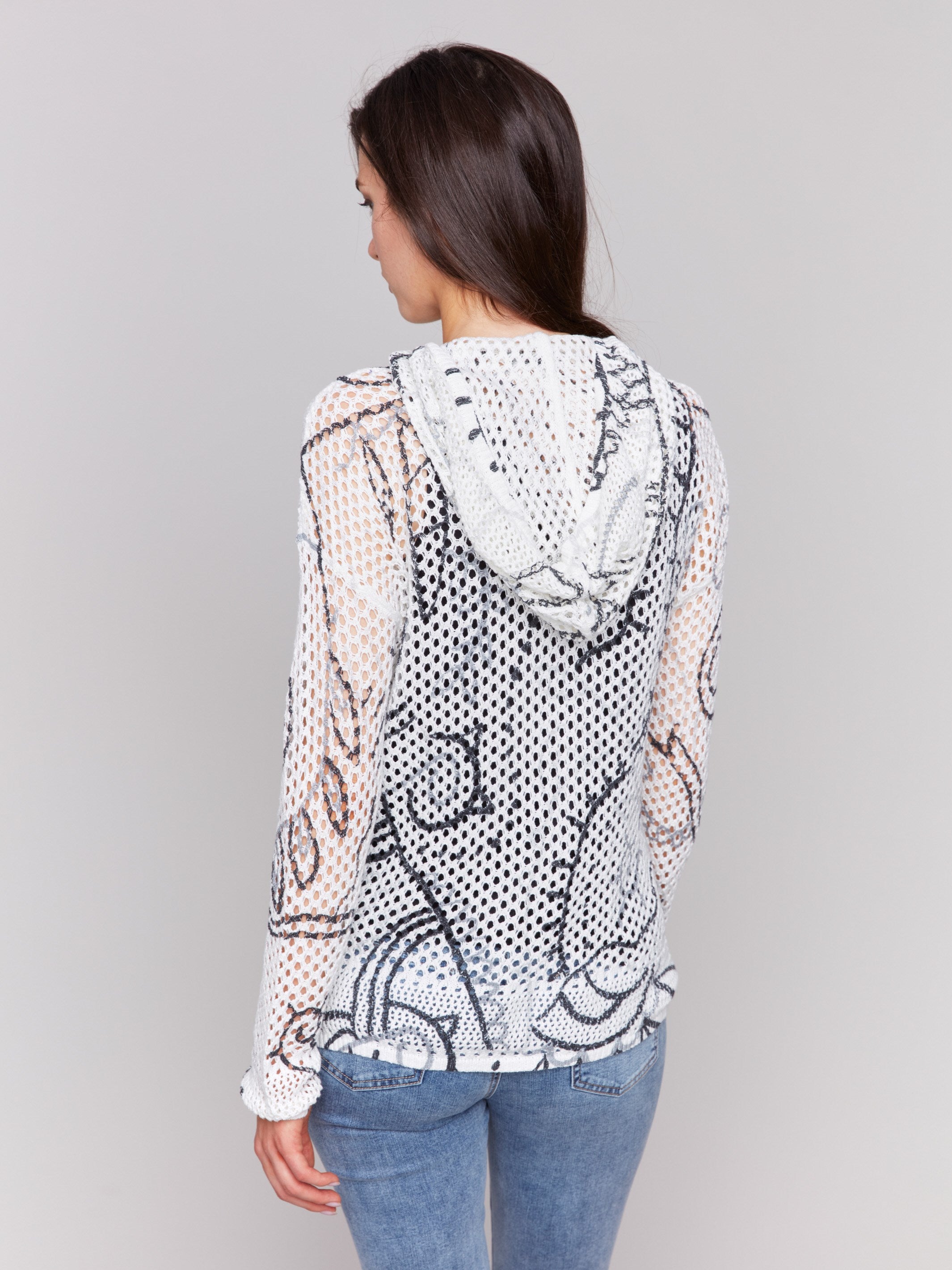 Printed Fishnet Crochet Hoodie Sweater - Pepper