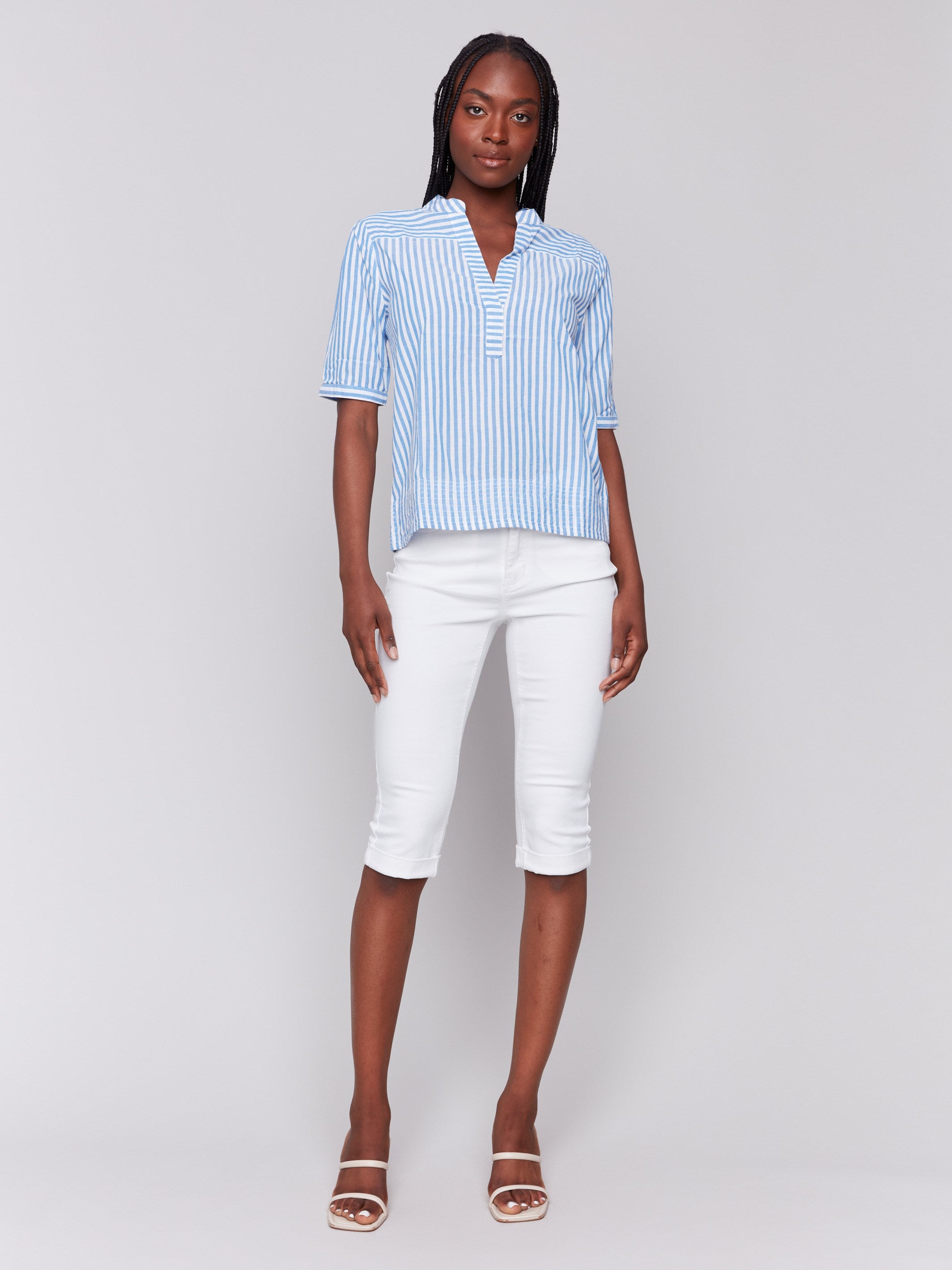 Striped Short Sleeve Popover Blouse - Denim