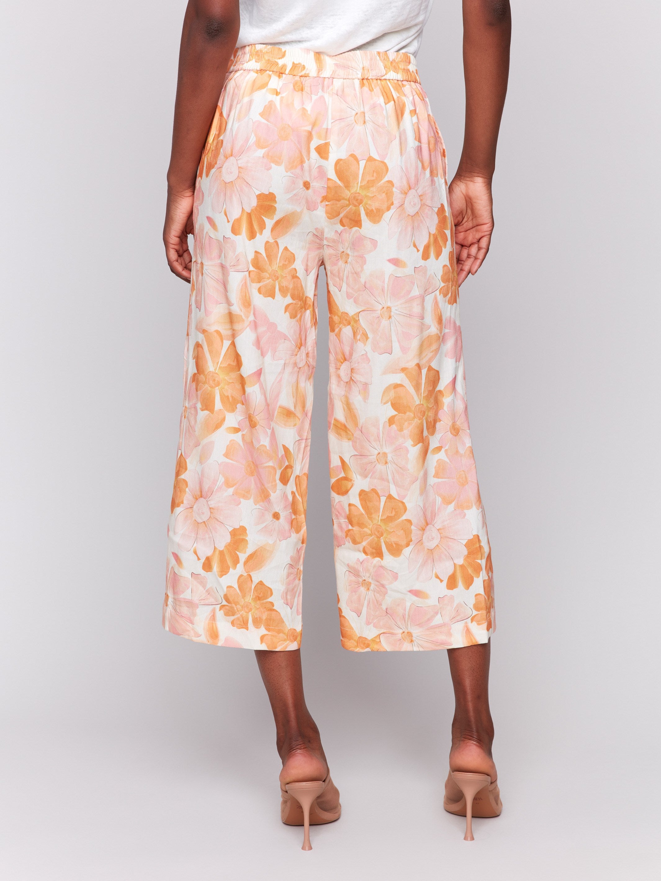 Printed Linen Blend Cropped Pull-On Pants - Blooming