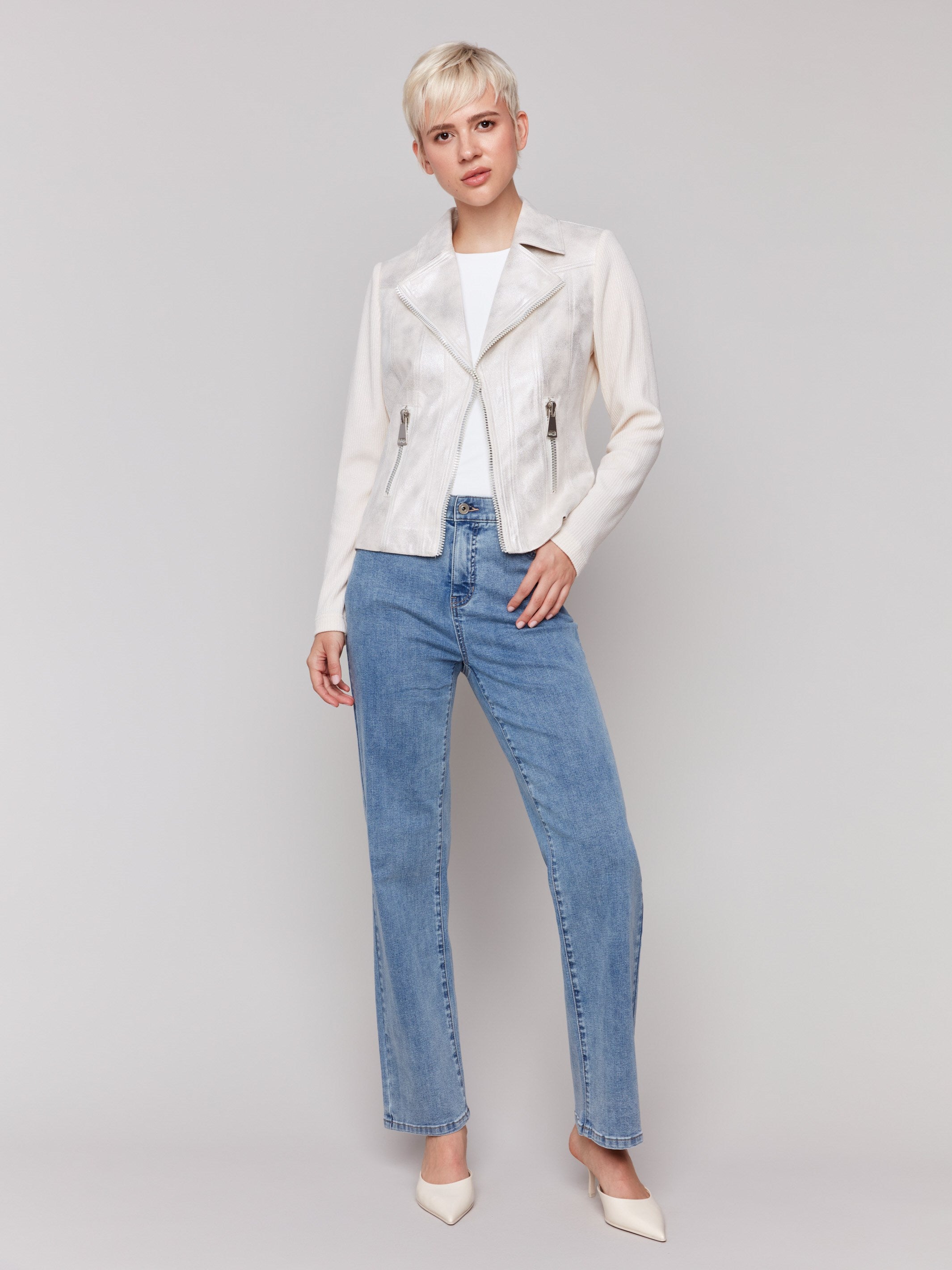 Foiled Faux Leather and Rib Knit Jacket - Champagne