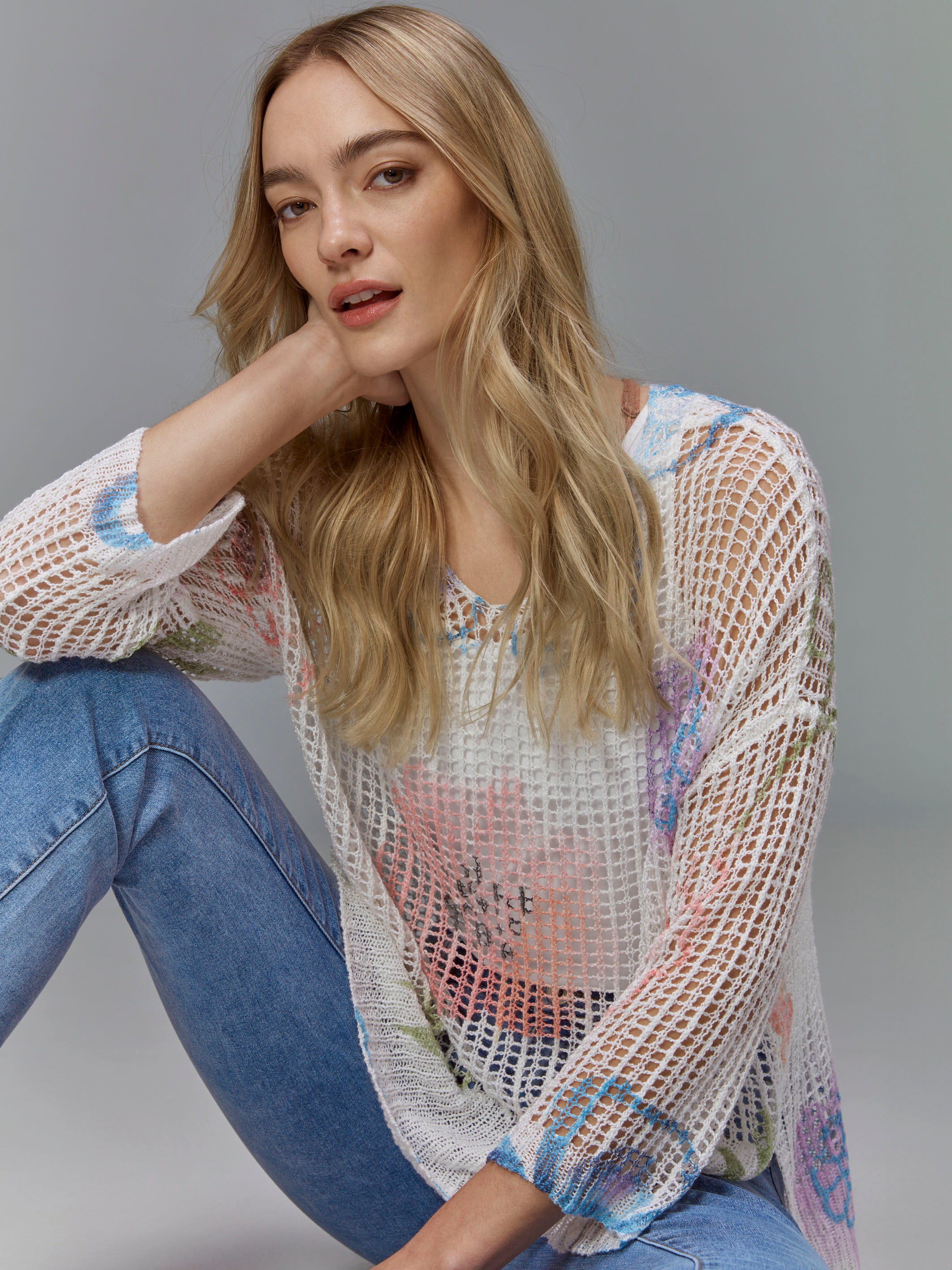 Printed Fishnet Crochet Sweater - Watercolor