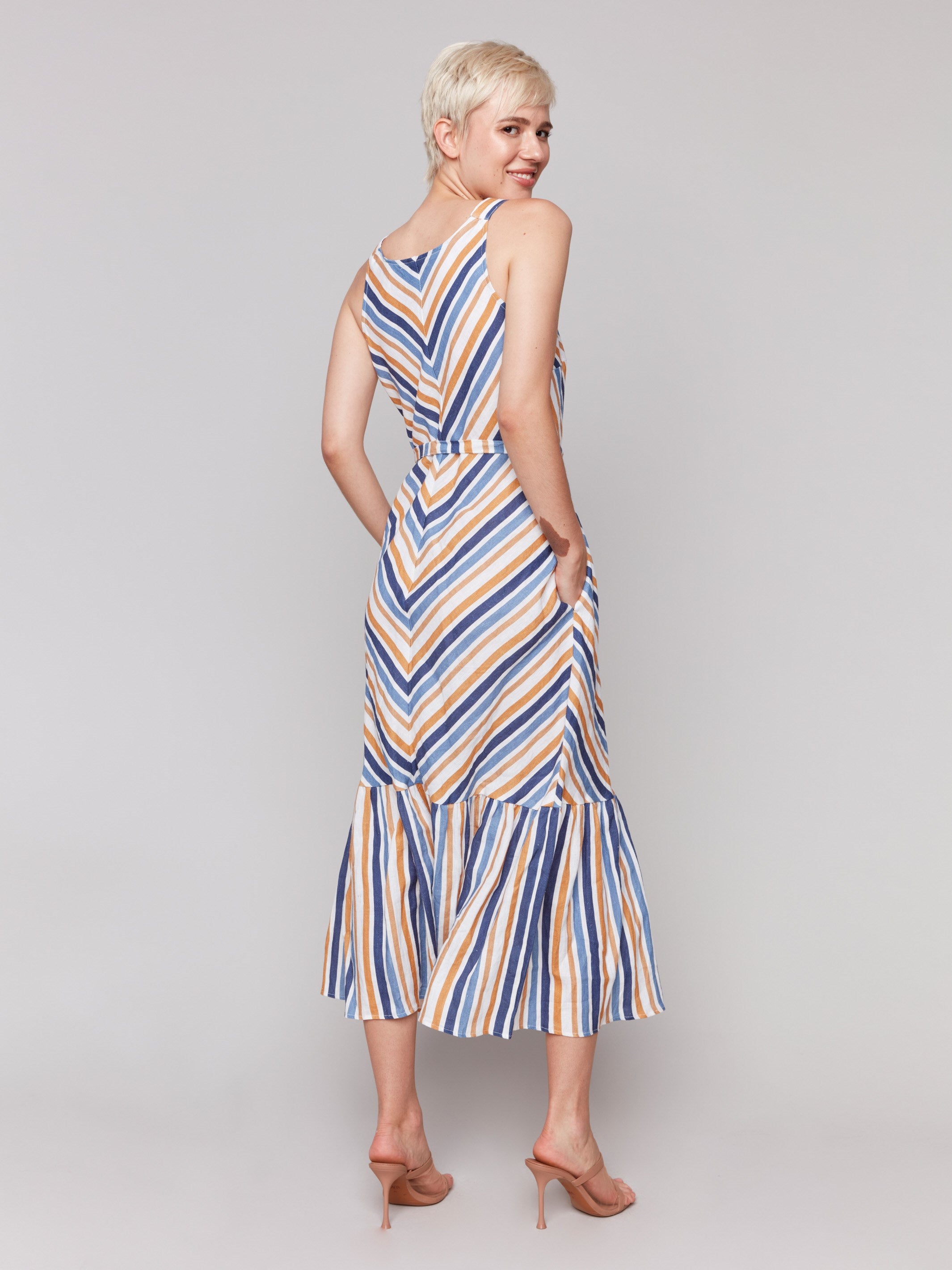Striped Linen Blend Maxi Dress with Sash - Denim