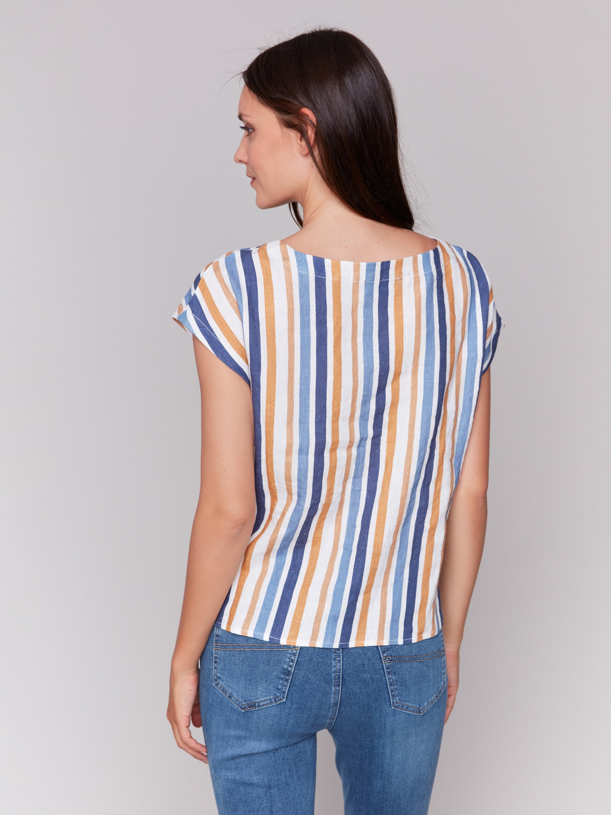 Striped Linen Blend Tie-Front Blouse - Denim