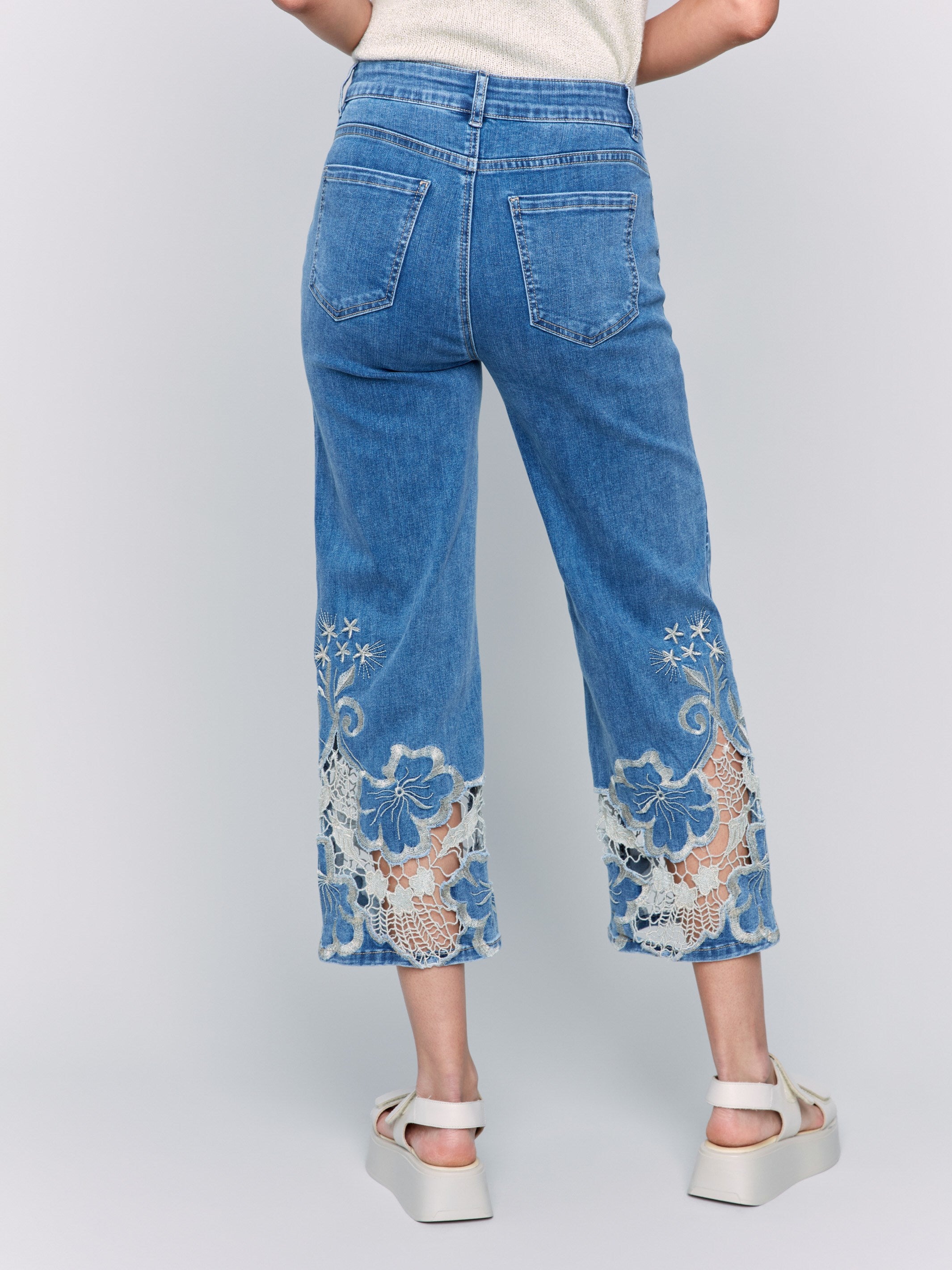 Cropped Flare Leg Jeans with Lace Hem - Medium Blue