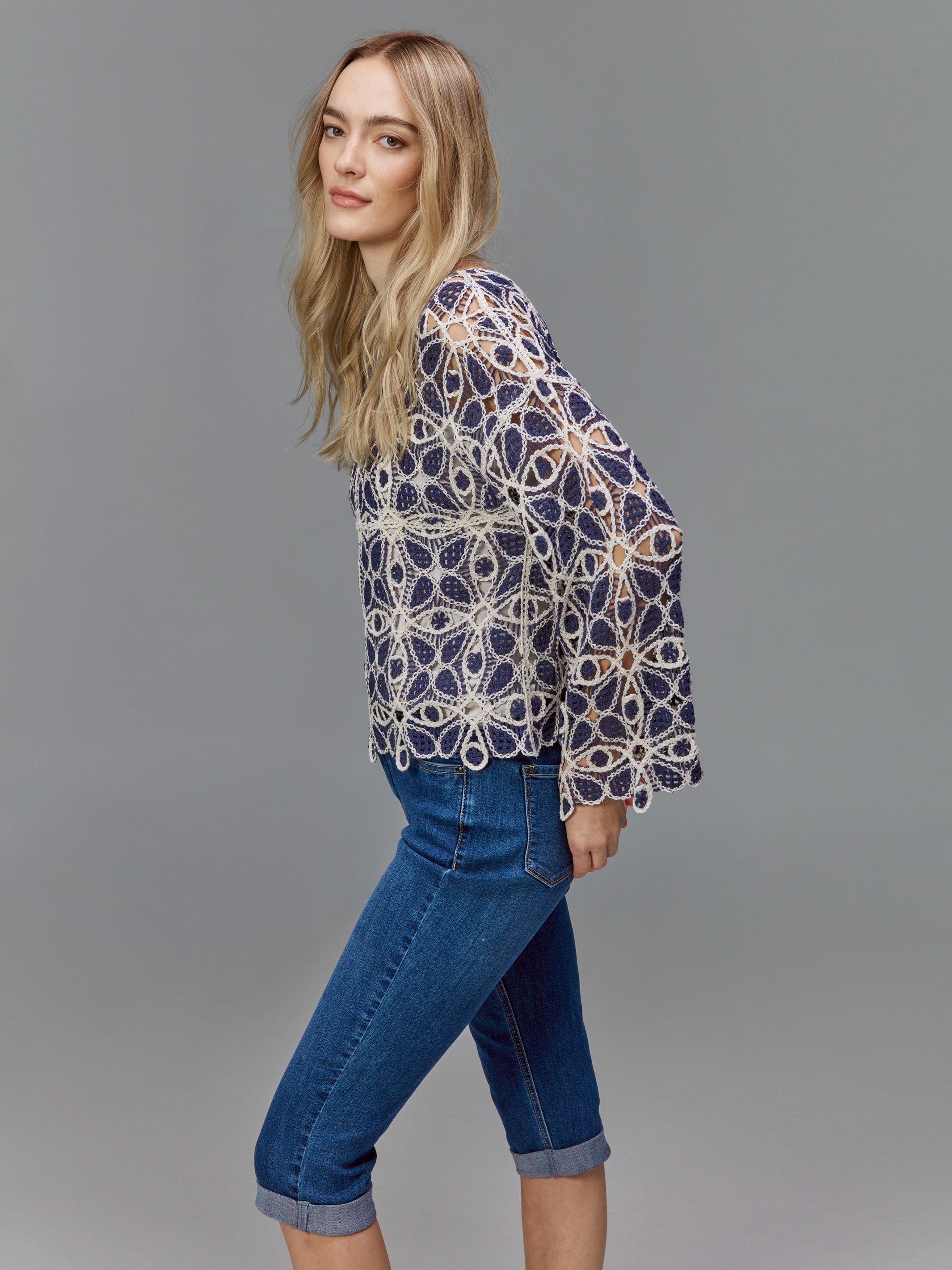 Cotton Blend Crochet Top - Denim