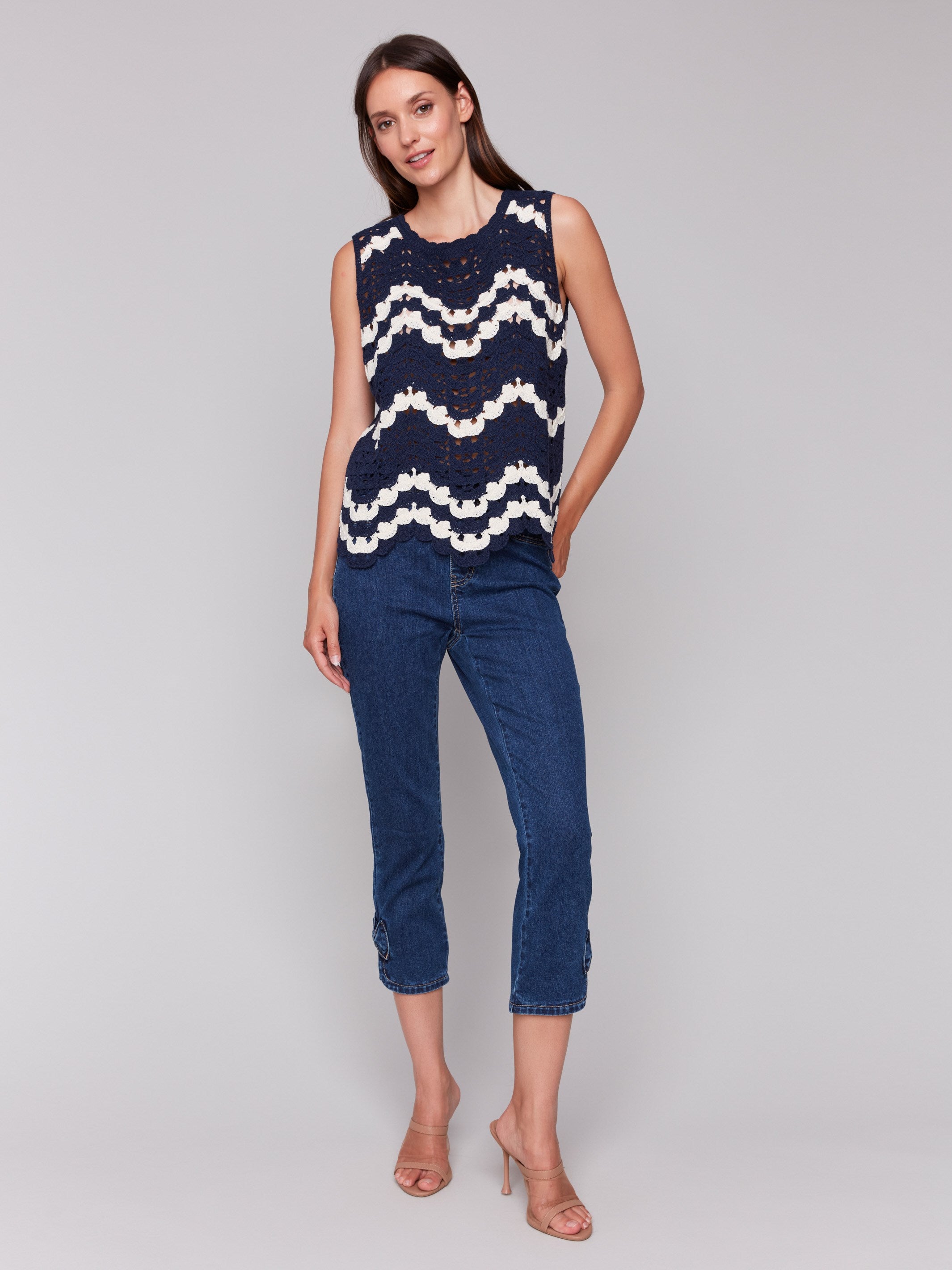 Sleeveless Crochet Crew Neck Top - Navy