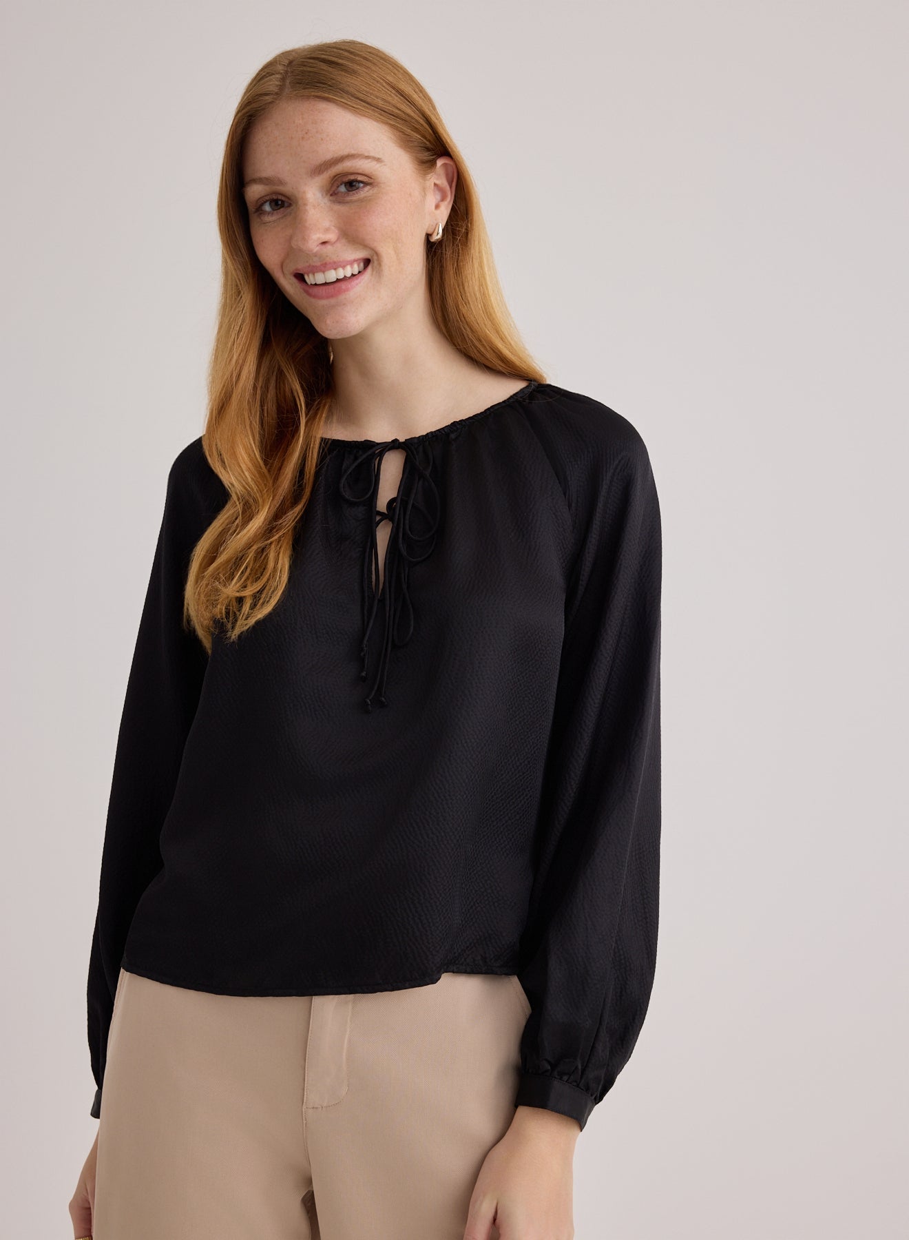 Tie Neck Raglan Top - Black