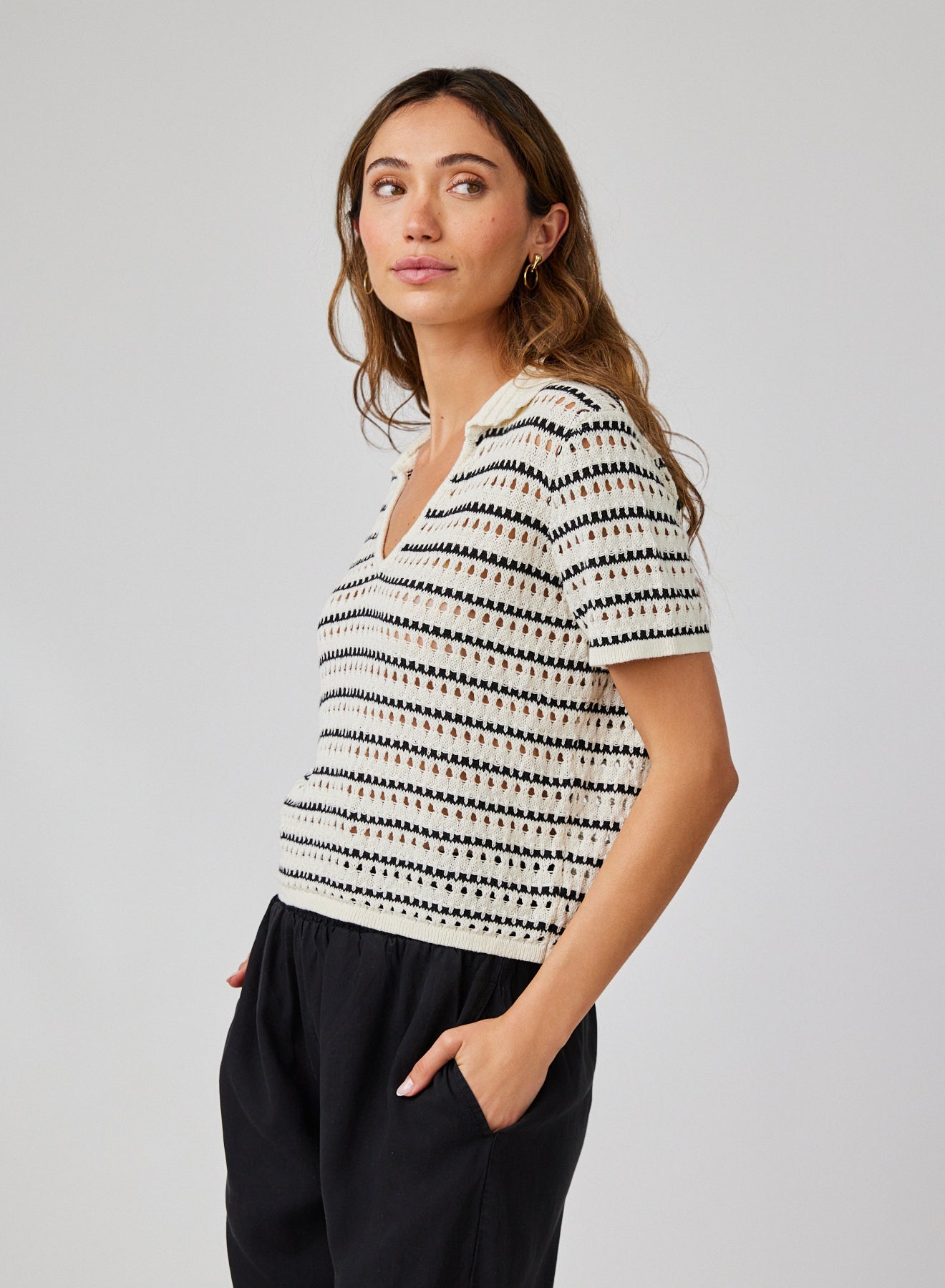 Collared Popover Sweater - Ivory & Black Stripes