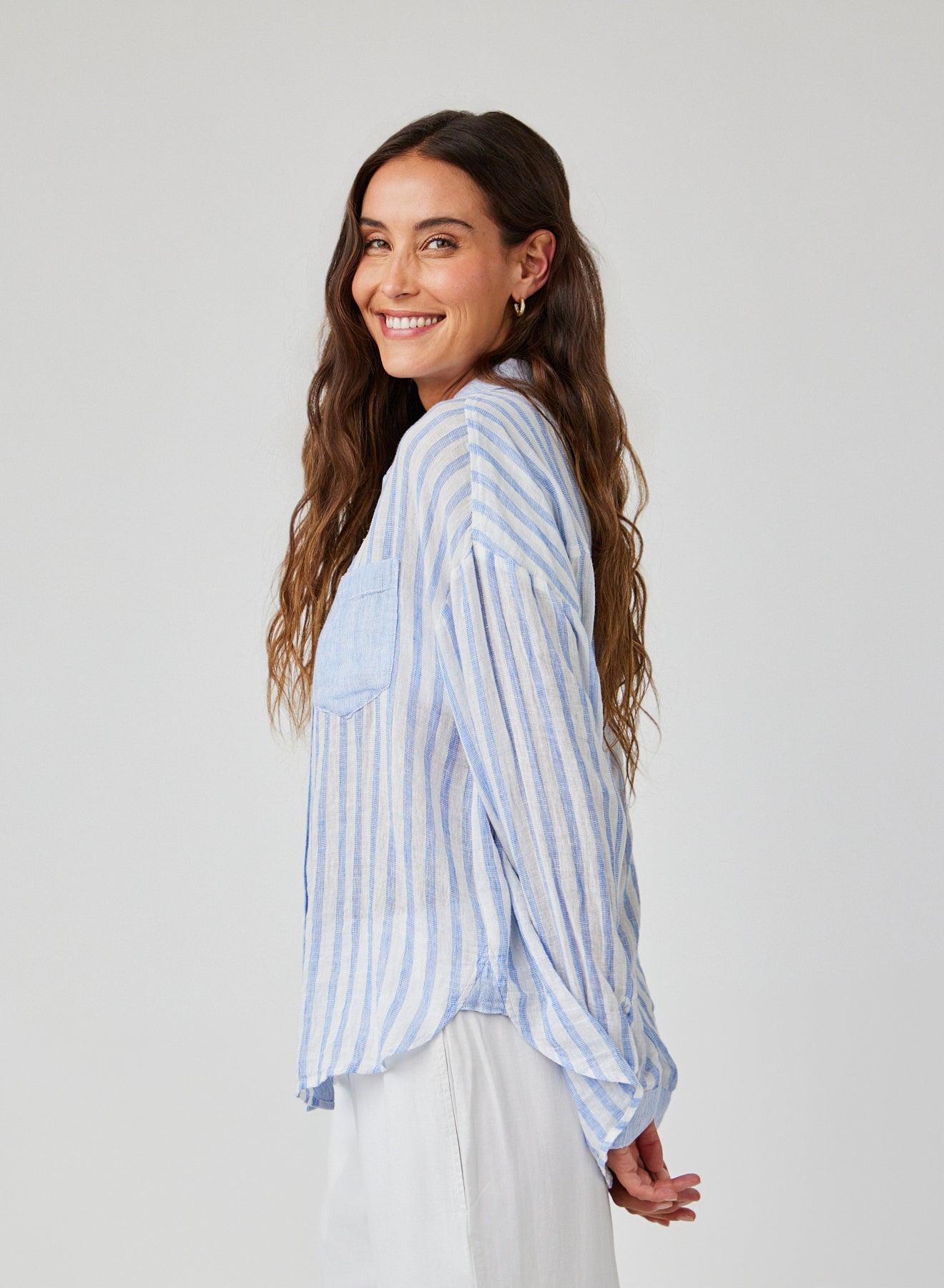 Contrast Pocket Boyfriend Shirt - Blue Sky Stripe