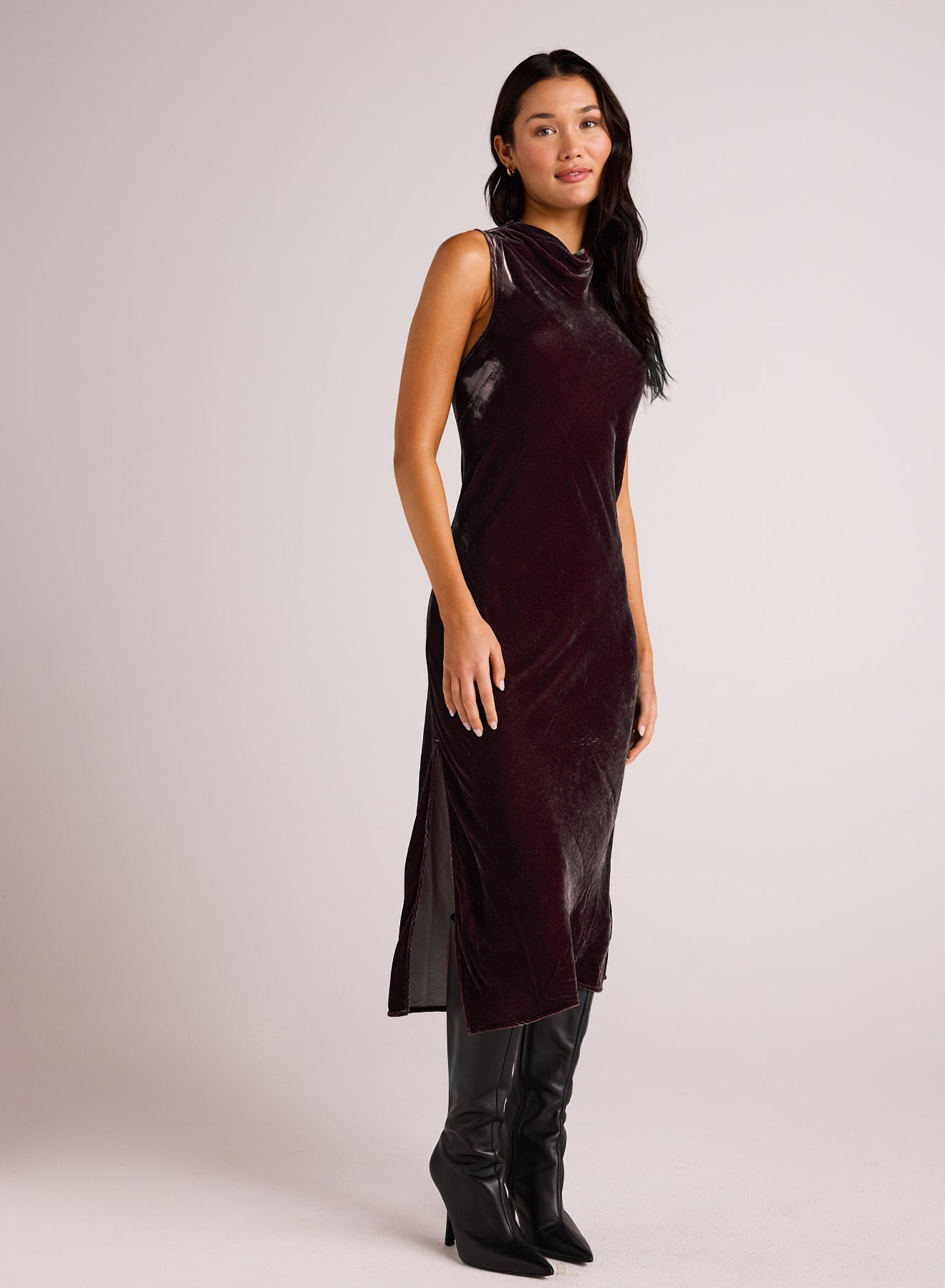 Mock Neck Velvet Dress - Aubergine
