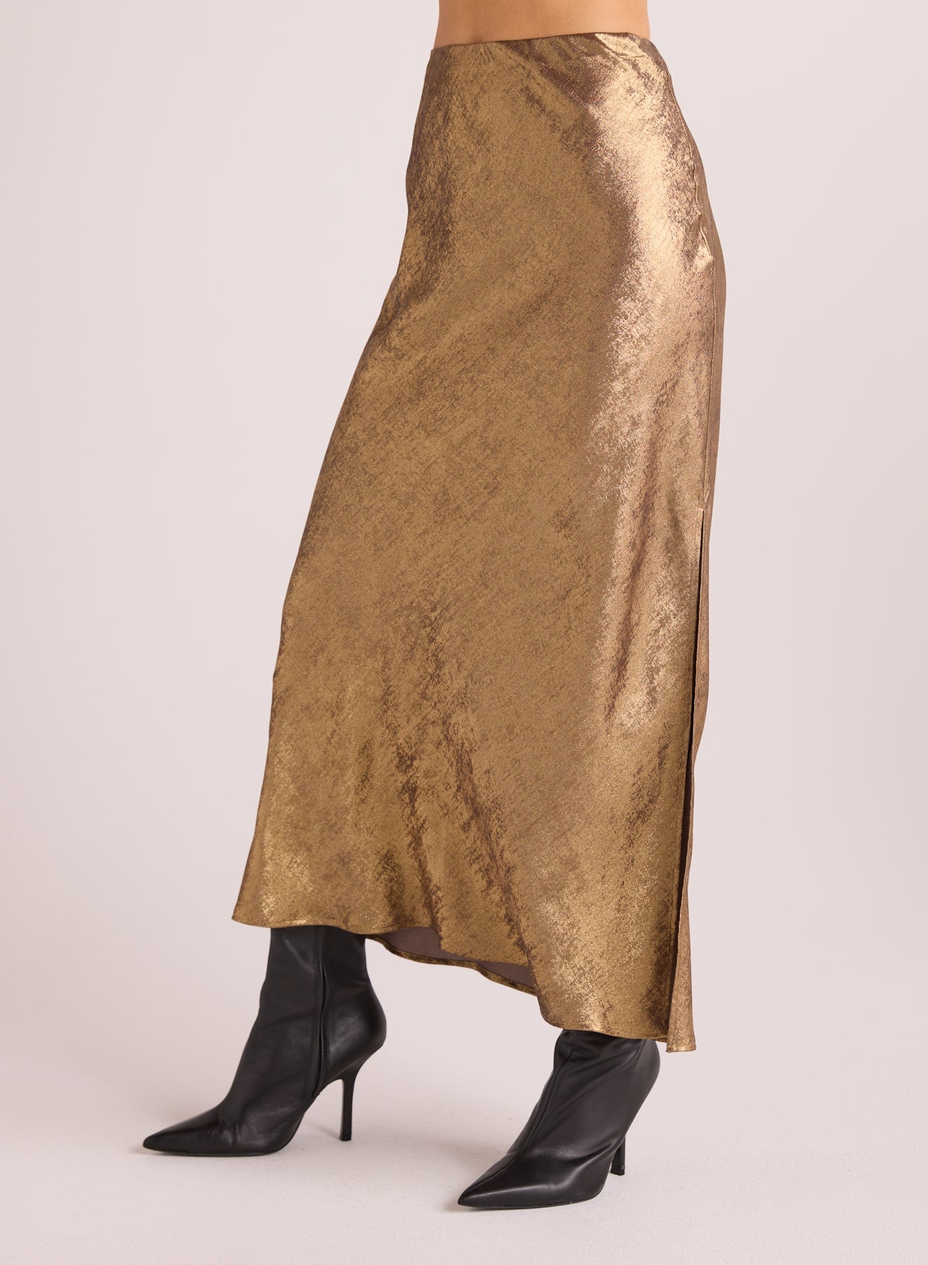 Side Slit Bias Maxi Skirt - Gold Metallic