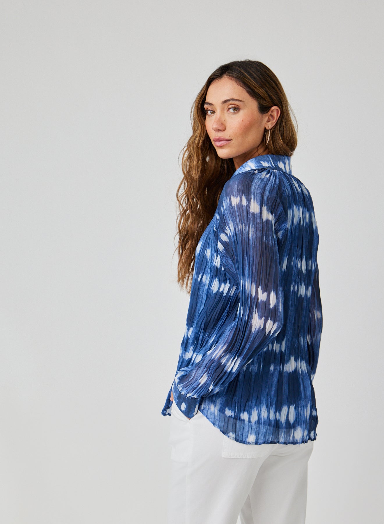 Pleated Raglan Sleeve Shirt - Ocean Tides Print