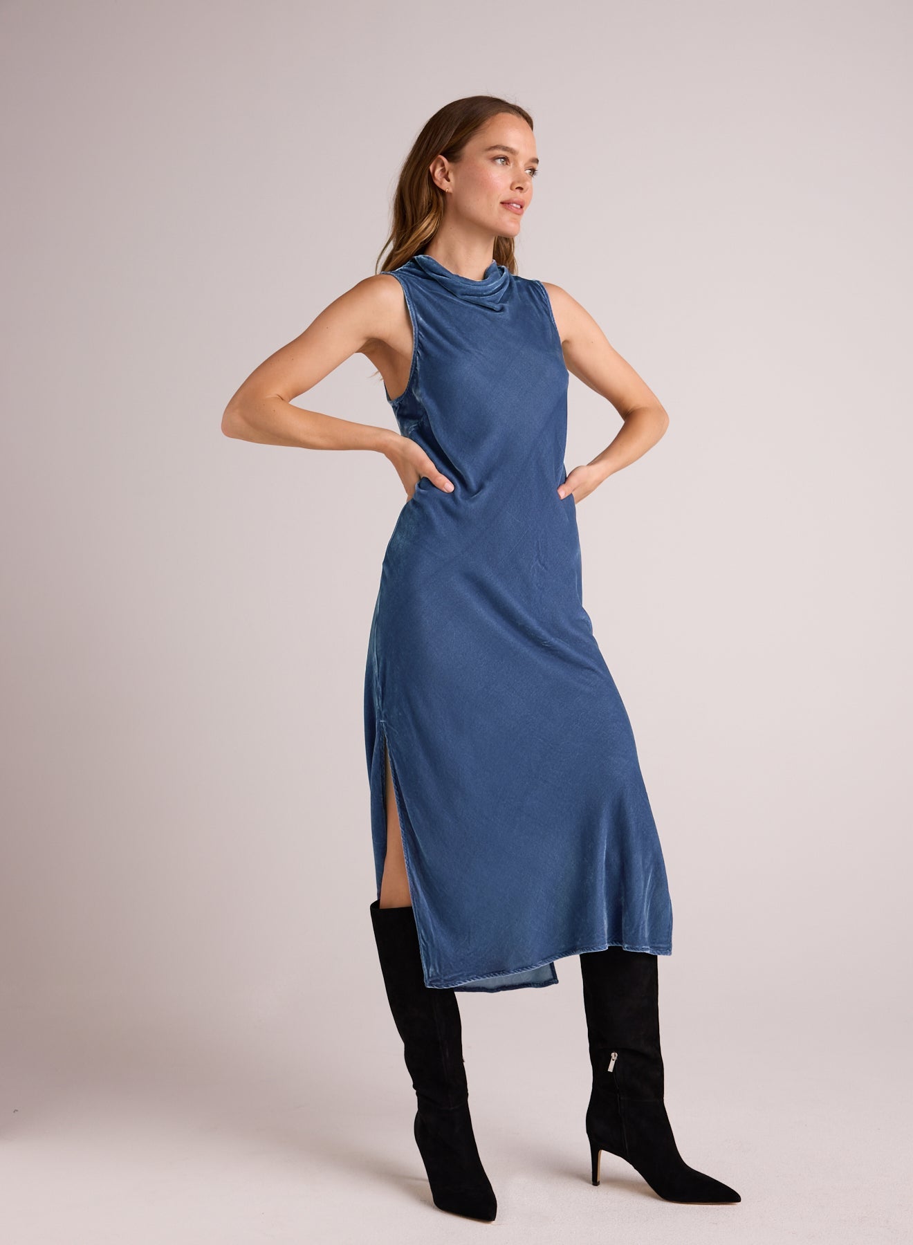 Mock Neck Velvet Dress - Nordic Blue