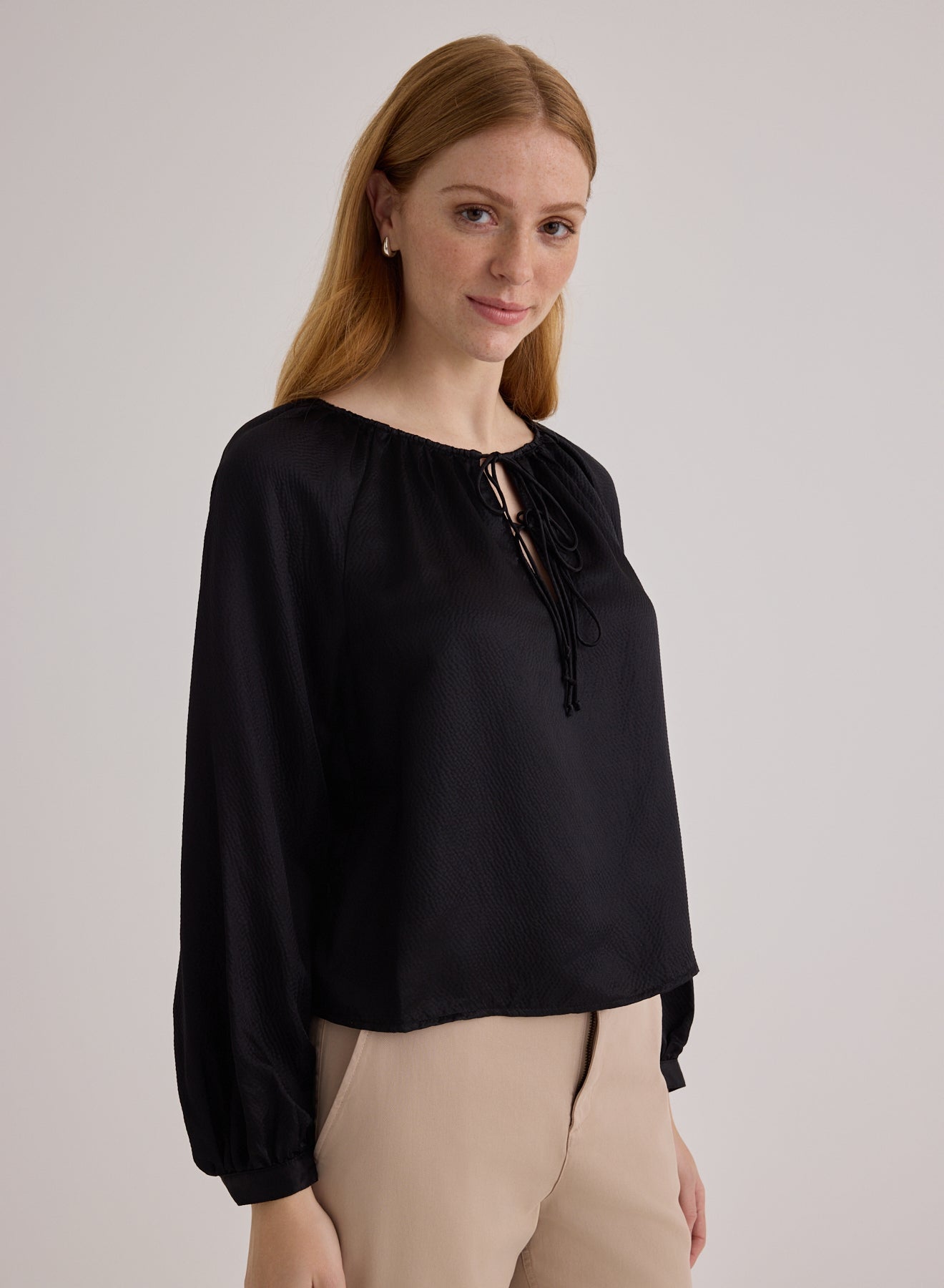 Tie Neck Raglan Top - Black