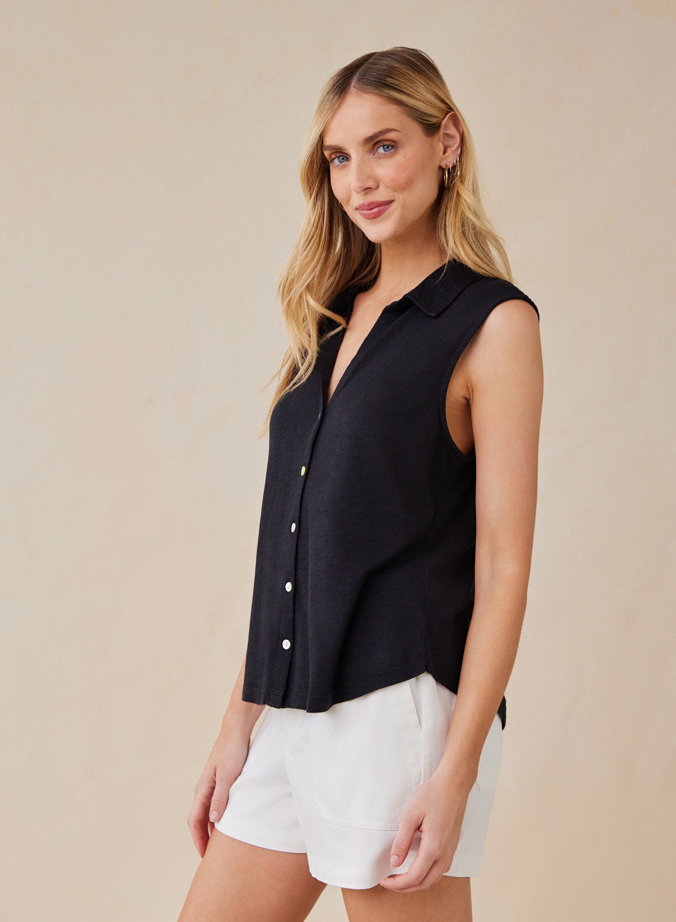 Sleeveless Button Front Top - Black