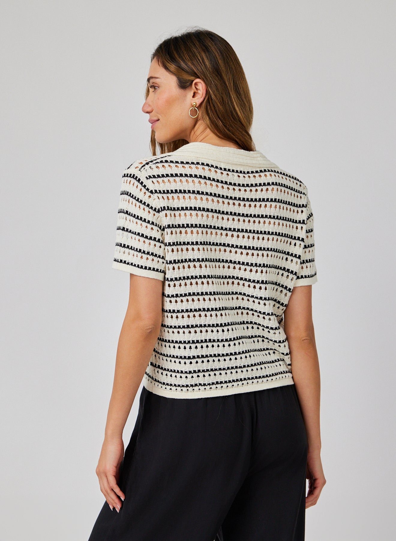 Collared Popover Sweater - Ivory & Black Stripes