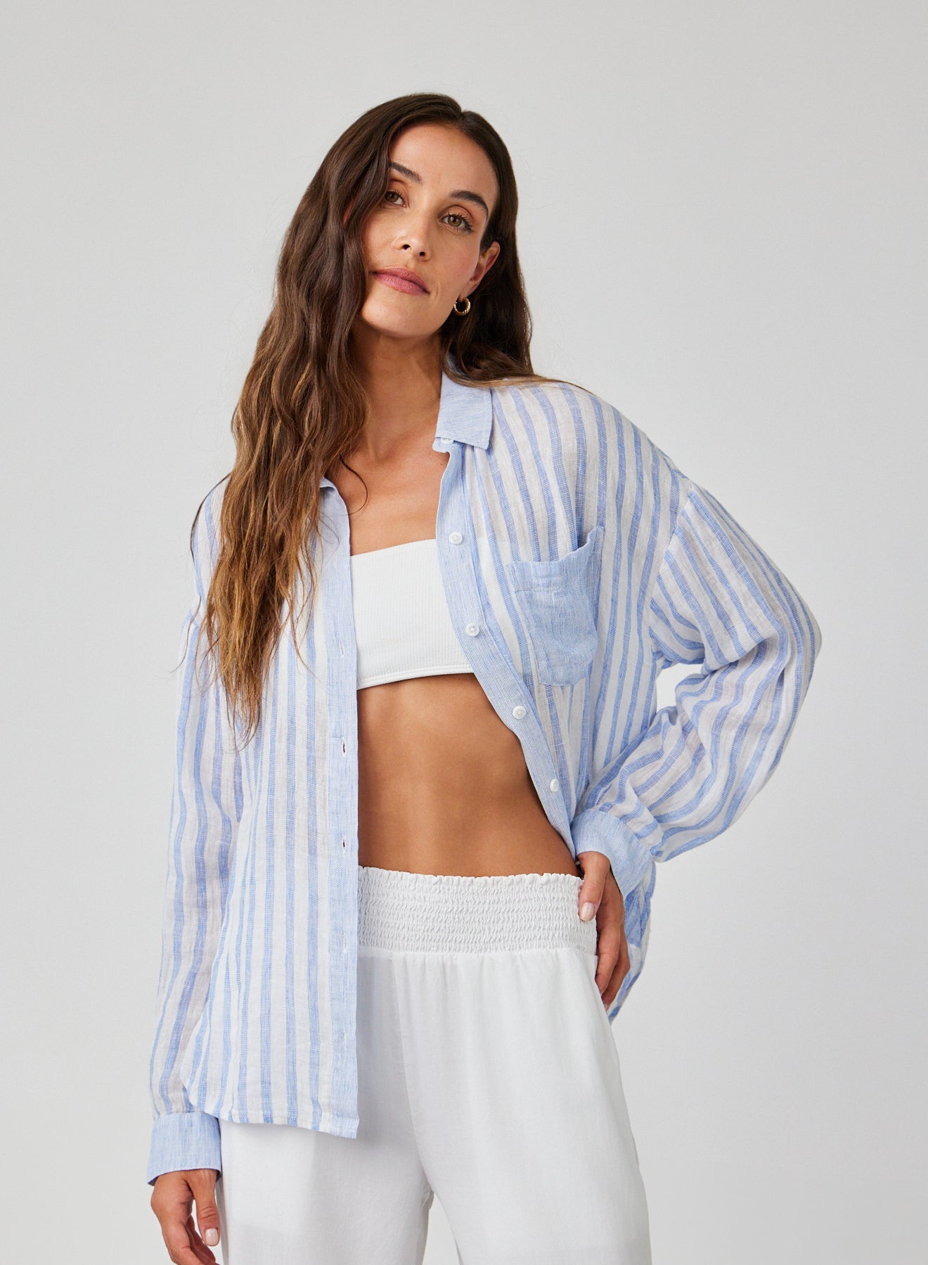 Contrast Pocket Boyfriend Shirt - Blue Sky Stripe