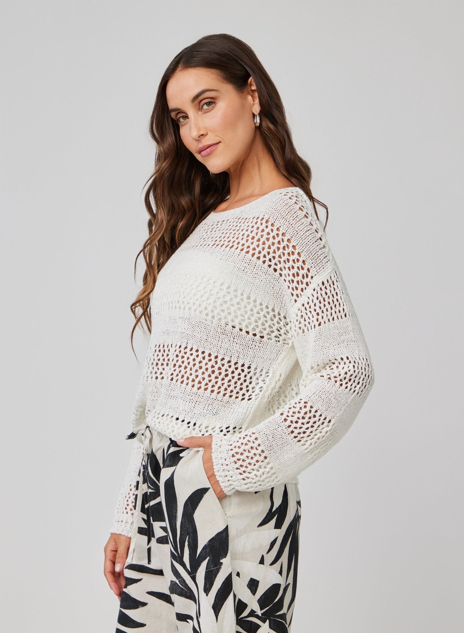 Open Knit Stripe Crew Sweater - White