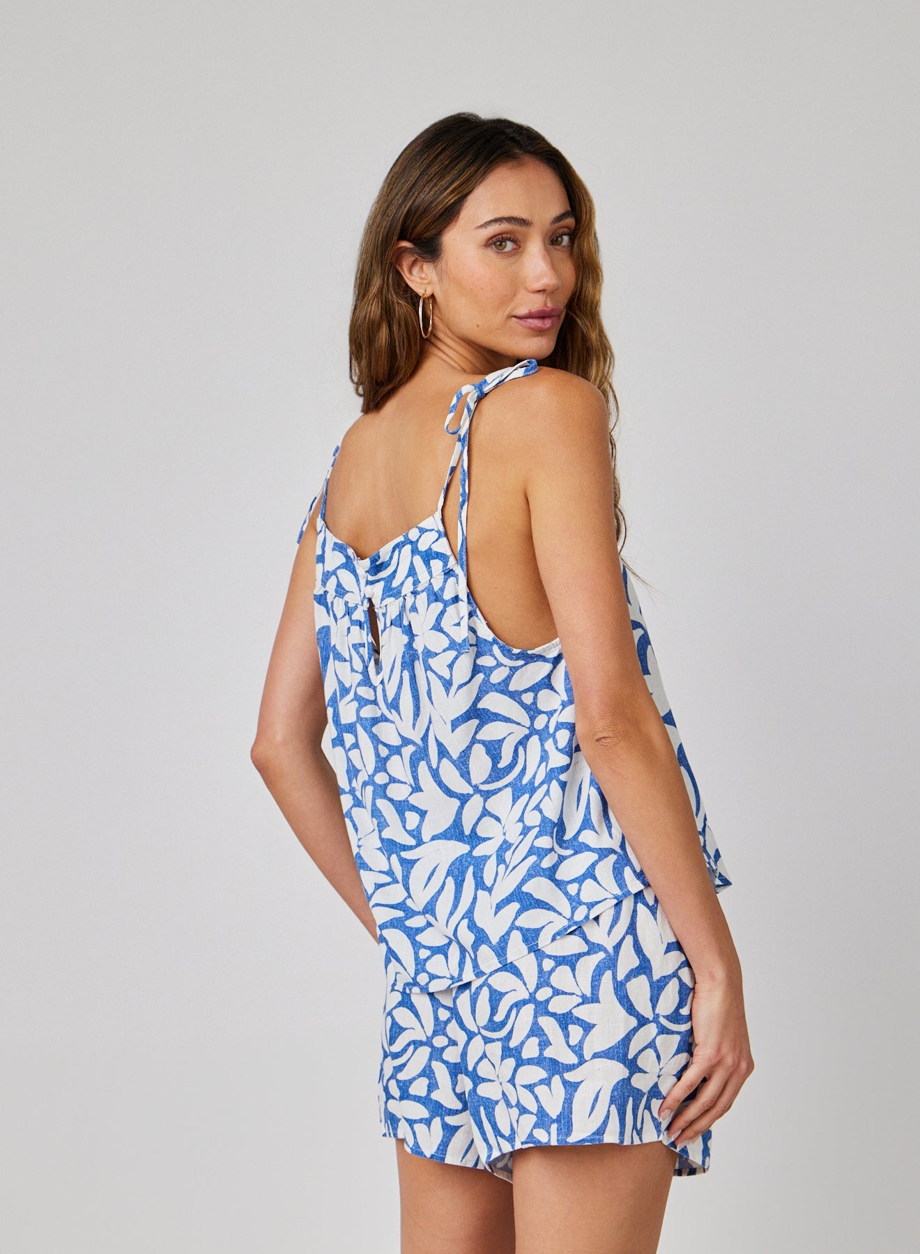 Floral Tie Shoulder Tank - Stamped Floral Print